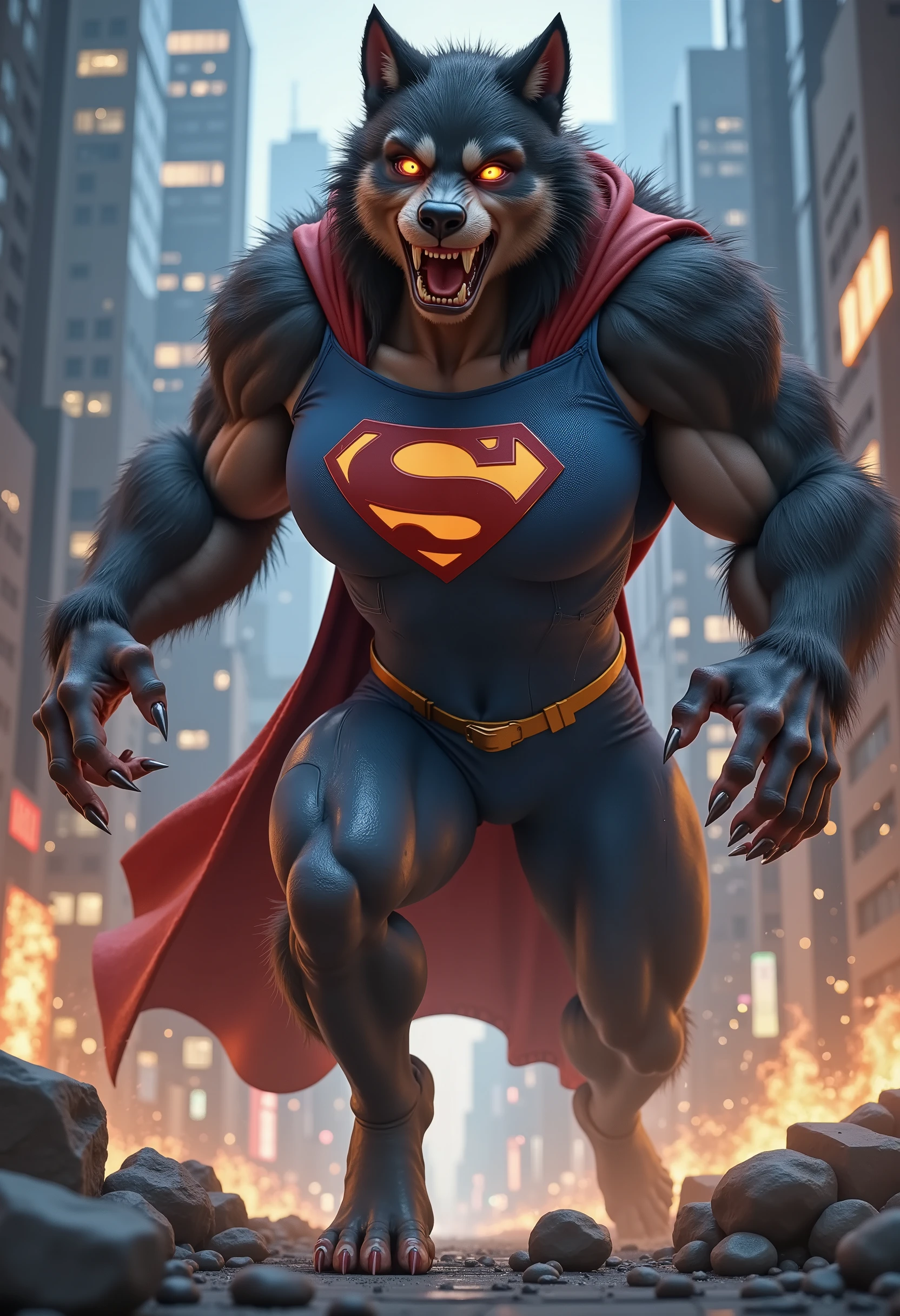 3D CARTOON STYLE. AS THE CURSE OF THE WERERWOLF TAKES EFFECT ON SUPERGIRL. HER BODY MORPHING, BONES SNAPPING AS HER FIGURE MUTATES. CHARGES UP WITH INCREDIBLE POWER AS SUPERGIRL TRANSFORMS INTO A WEREWOLF. HER SKIN BECOMING FURRY, HER EYES TURN INTO WEREWOLF EYES AND TEETH BECOME WEREWOLF FANGS. STILL WEARING HER SUPERGIRL COSTUME AND CAPE.