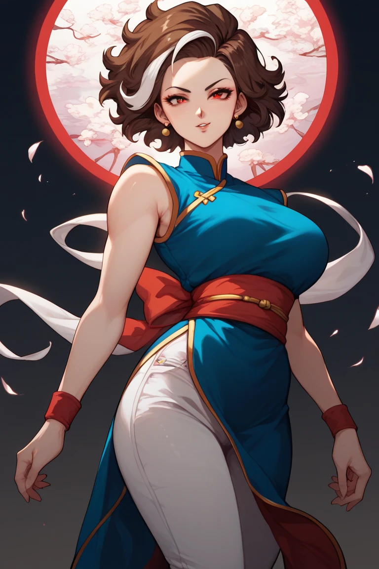 masterpiece, best quality, very aesthetic, absurdres, newest,1girl,upper body, (contempt, disgust,shaded face,looking at viewer,frown),heart-shaped gesture,,Chun_li(street_fighter),1girl,bracelet, brown_eyes, brown_hair, bun_cover, blue china_dress, chinese_clothes, double_bun, dress, earrings, hair_bun, jewelry, pantyhose, puffy_short_sleeves, puffy_sleeves, short_hair, short_sleeves, spiked_bracelet, spikes, swept_bangs, thick_thighs, thighs,large_breasts,in the canyon
