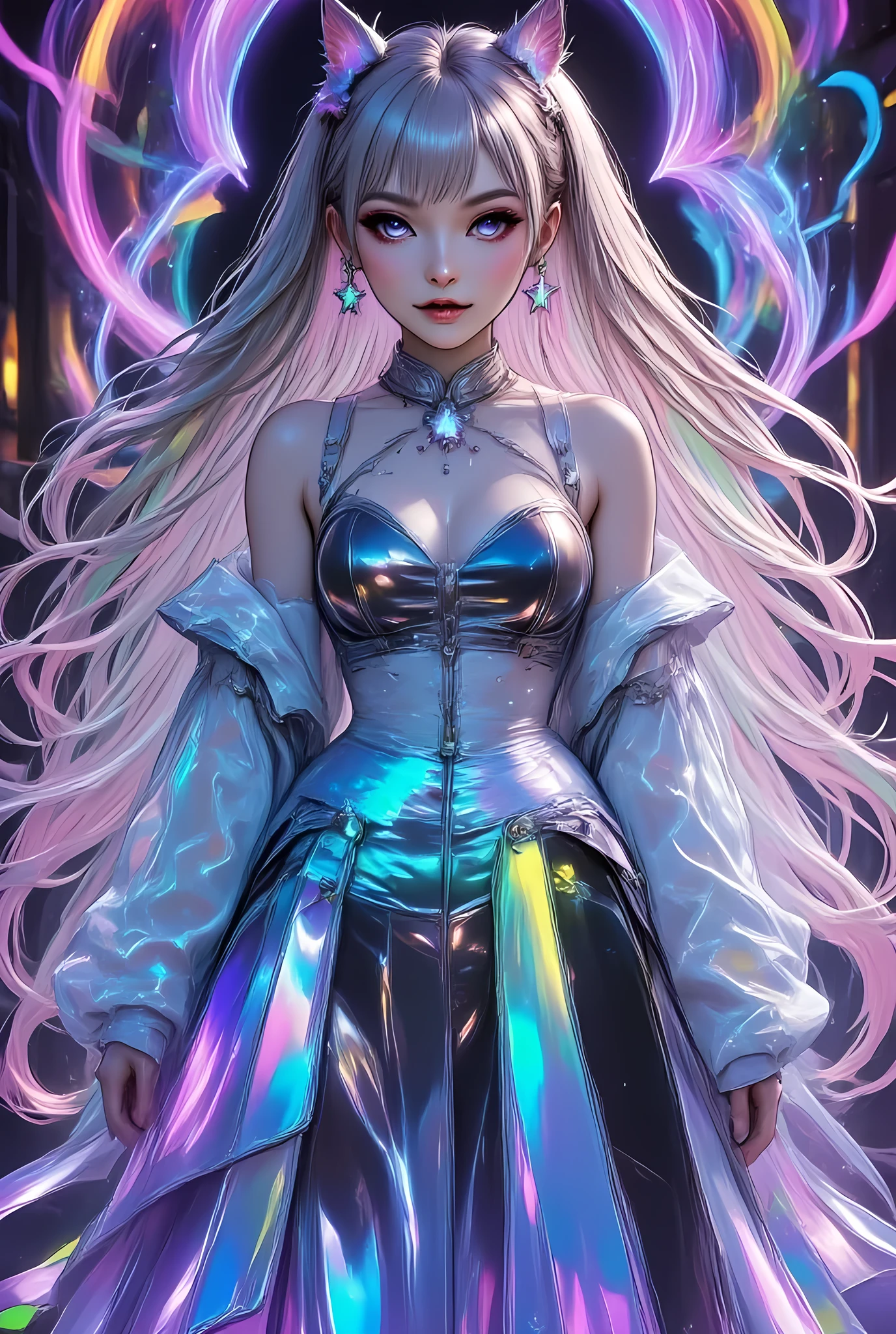 fantasy art, a picture of a fantasy female elf wizard, wearing blue dress, intricate dress, gem studded dress, holding glowing magical staff, blond hair,  hugging a male elf mecha man,  wearing white, red hair,  mech armor, hyp3rd3tail style, Colorful