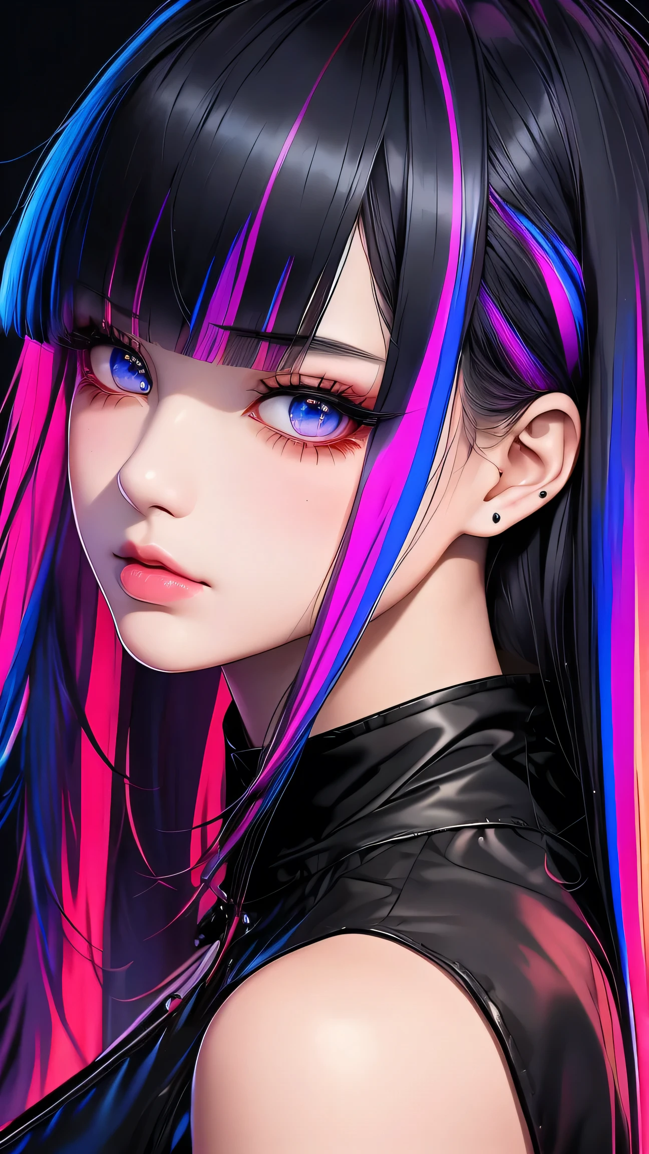 asian high school girl, plunging neckline, rainbow hair, bangs, with colorful eyes and huge eyelashes, huge breasts, cleavage, edgy graphic design with a multi neon colored palette, big black eyes, ulzzang, (anime), manga, sexy, irridescent rainbow Latex, 8k,Highest quality,masterpiece, Sharp focus, solid black background, soft lighting, heavy blushing,
