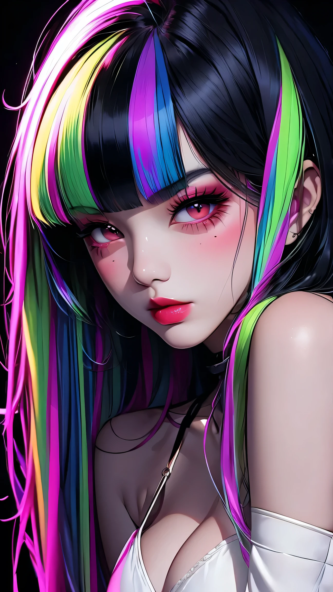 asian high school girl, plunging neckline, rainbow hair, bangs, with colorful eyes and huge eyelashes, huge breasts, cleavage, thigh highs, edgy graphic design with a multi neon colored palette, big black eyes, ulzzang, (anime), manga, sexy, irridescent rainbow Latex, 8ｋ,Highest quality,masterpiece, Sharp focus, solid black background, soft lighting, heavy blushing, 
