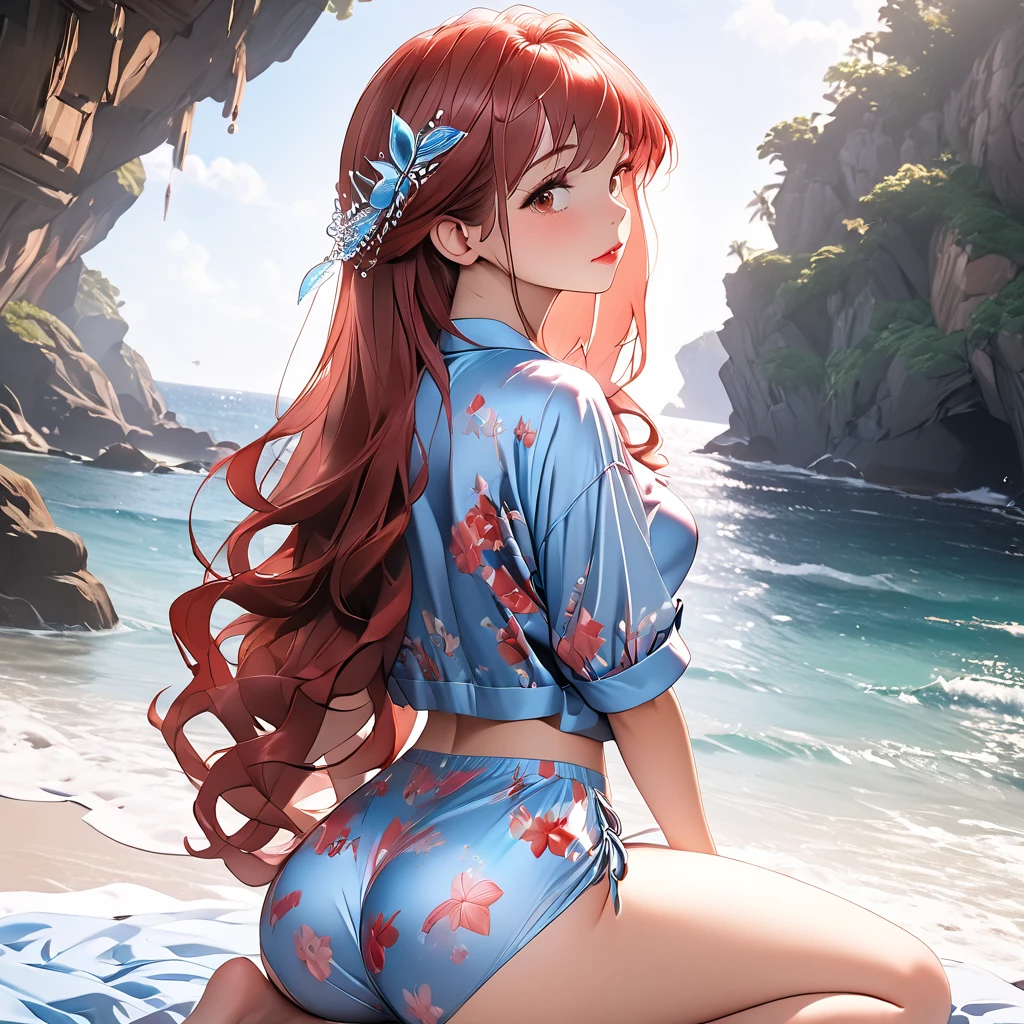 cute redhead woman in twin tails, multiple rainbow colored hair, sky-blue eyes, happy, Ukrainian, petite, pale skin, wearing a green metallic color bikini, lightning striking a lake in Scotland, photo realistic woman. --auto