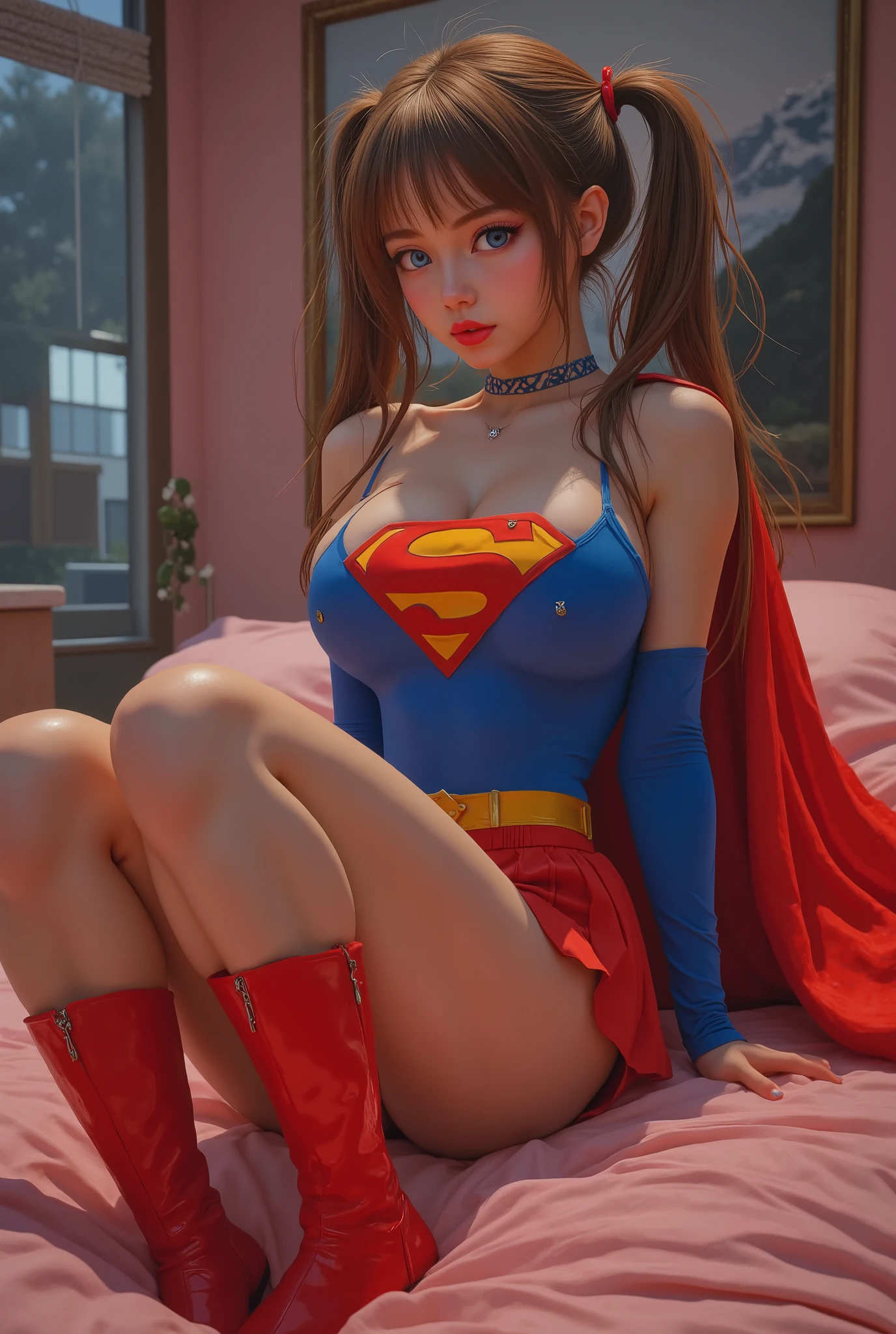 A SPICEY BEDROOM SCENE WHERE A SEXY BLUE EYED ASIAN ANIME 3D CARTOON GIRL IS WEARING AN AUTHENTIC 1980 SUPERGIRL COSTUME, COMPLETE WITH A RED PLEATED SKIRT, RED SUPERGIRL BOOTS  AND A RED CAPE. CAUGHT IN THE ACT OF MASTURBATING. LARGE "S" EMBLEM ON HER COSTUME. CRAVING SEX, BEGGING. ANIME BODY AND SKIN