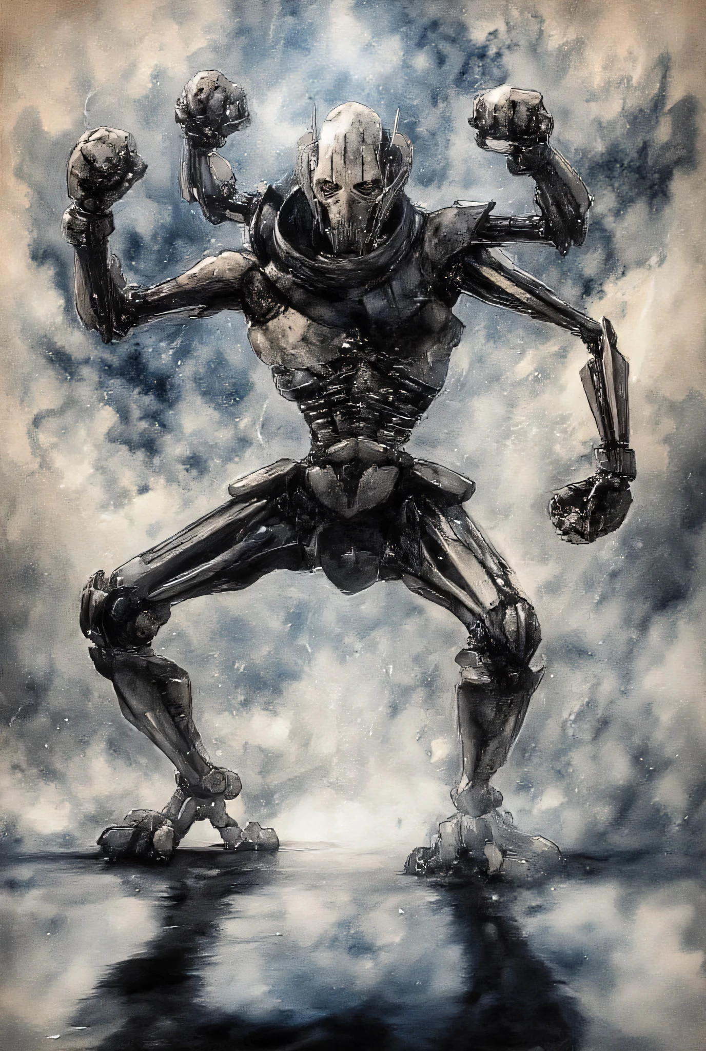 (masterpiece:1.2,EXCEPTIONAL QUALITY ,Mirror finish, Cinematic Experience, best illustration ),8k,16k,(wallpaper),General Grievous from star wars, General Grievous,Sharp Digital Painting, Concept work, ( black and white:2.0, Artwork:2.0, Watercolor:1.6), complex fluid, boxer, 4 arms, boxing gloves, four arms, boxing master brutal