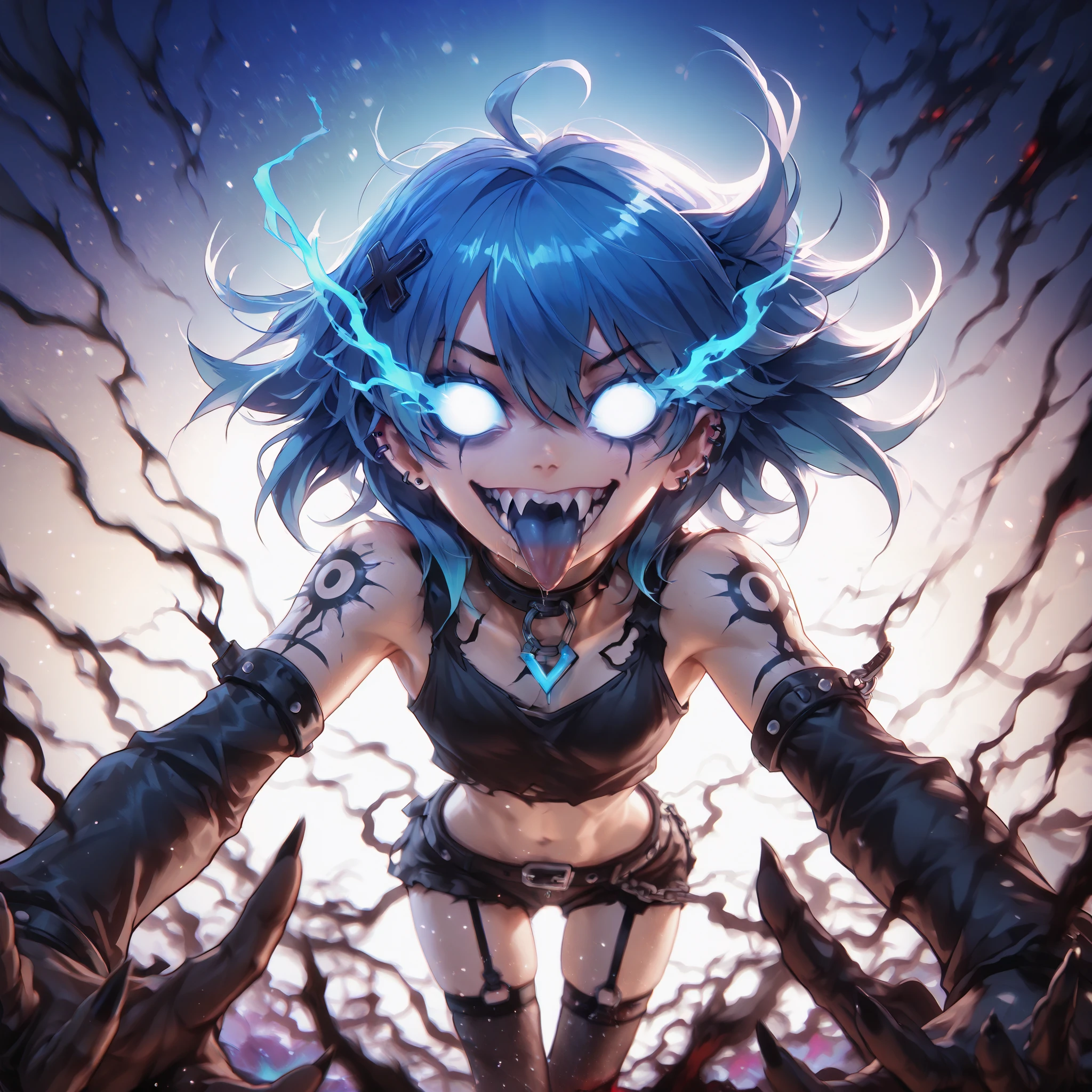 ( Ultra-detailed), ( masterpiece ), ( best quality), ( depth of field ), (sharp focus), ( Cinematic lighting ), (vibrant blue), 1 , crazy smile, dams, with the tongue out , glowing eyes, Gothic style, dark makeup , black tattoos, piercings de prata, psychotic, psycho, A dark lighted anime female with blue glowing eyes, deep eyes, neon blue hair and a lot of blue energy, psycho smile, ((cyan flames are in the background)), sharp teeth, battle pose, (((blue gradient background:1.4))), energy, Energetic, phonk, Brazilian phonk, Simple Design, Simplified --s 100 --niji 5 --ar 1:1