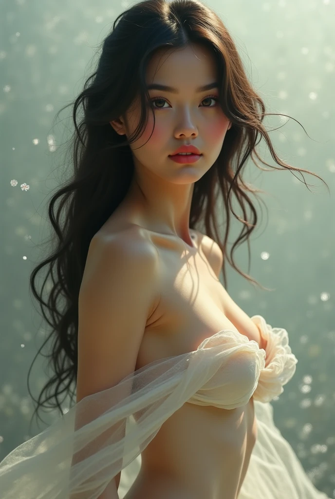 naked asian girl, beautiful, sexy, photo realistic, steam room, steamy background, sensual, steam, water vapour, mist, she is kneeling, protruding nipples, nipples, small breasts, monochrome, lot of steam, profile view, sweaty skin, small breasts, long hair, subtle lighting, erotic, she is appearing through steam, steam covering her body,