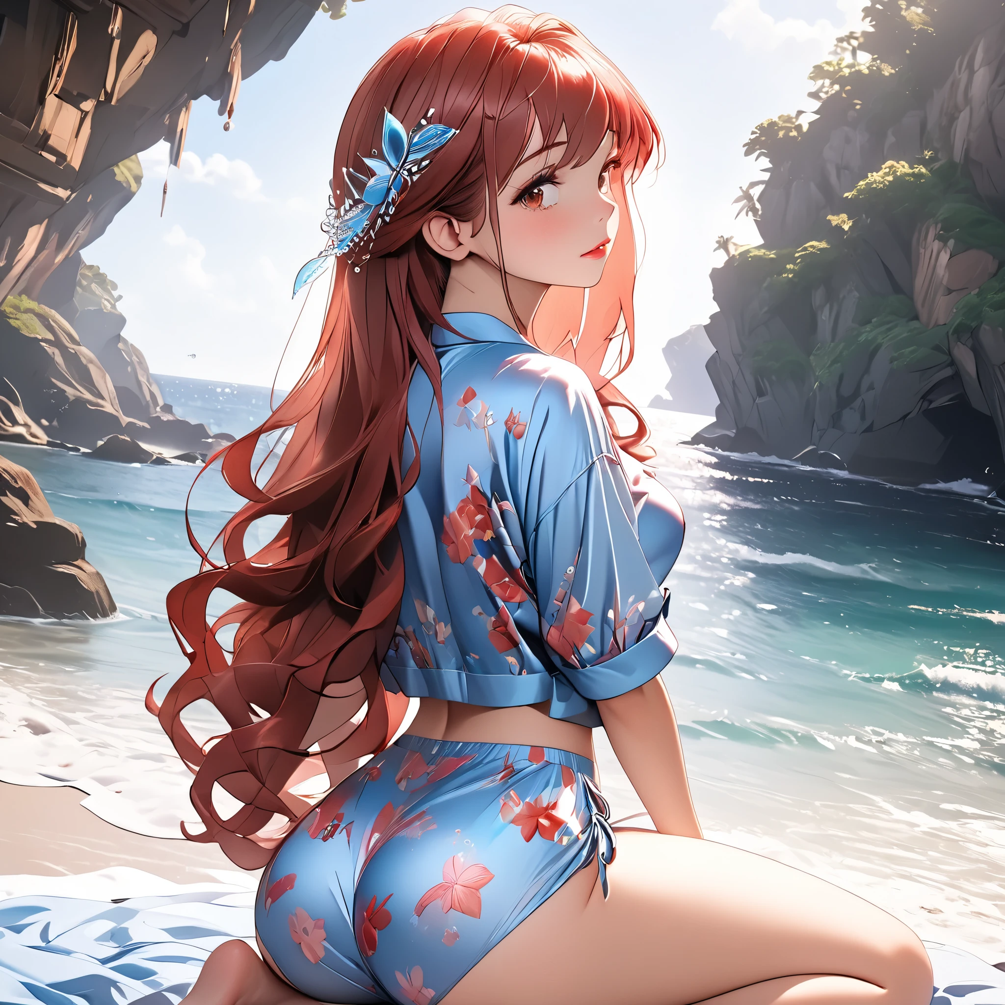 1girl, 8k, masterpiece, ultra-high resolution, cgi style, raw photos, professional phtotograph, highly detailed wallpaper, 25years old, beautiful glossy lips, red hair, long loose hair, hair ornament: sea ​​shell, gorgeous legs, noise perfect, brown eyes, Princess Ariel from Disney, from behind, white background, kneeling, nsfw:1, ( Looking Back), gorgeous ass, two-piece silk pajamas, ultra light fabric,
