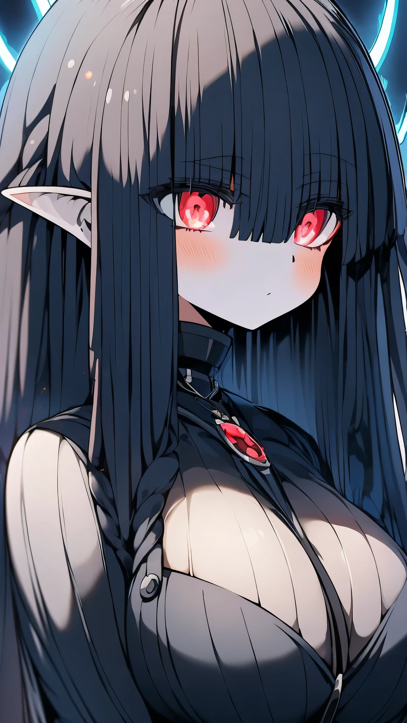 Gothic woman, Yandere Intricate, Demon Cyborg Necromancer Girl, Big Breasts, Female Death, Gapmoe Yandere Grimdark, smug smile, slightly open mouth, long black hair, dark background, deep shadows, textured pattern, intricate details in white.