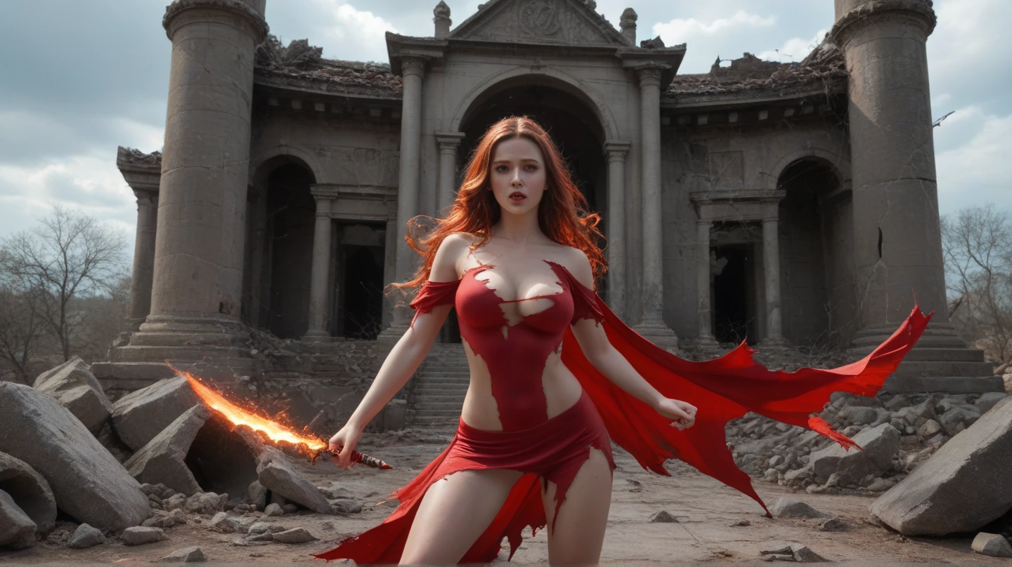 NSFW, best quality (4K, high resolution, masterpiece:1.2), ultra-detailed, realistic (photo-realistic:1.37), Eira, the Red Queen of Wrath, mesmerizing enchantress, portrait, ((standing with a captivating red velvet gown)), alluring yet intimidating gaze, hypnotic, demonic eyes, poised stance, ((flowing fiery red hair)), with flickers of hellfire, intense and ominous aura with a hint of darkness, pure (red velvet color scheme), sharp focus, perfect, ominous lighting, confident, sinister demeanor, intriguingly wicked smile, powerful wrath magic and sinister energy radiating from her eyes, war-torn landscape with a dark, foreboding background, entrancing yet eerie atmosphere, inspired by fantasy art and dark mythology, emphasizing her allure, fury, and malevolent charm, meticulous attention to facial details showcasing her stunning beauty, elaborate, warlike costume design, striking visual impact, expressive yet wicked facial features, supernatural elements blended with a sinister reality, (exceptionally detailed:1.3), super finely detailed and clawed hands, ultra finely detailed fingers (ten fingers), (suggestive and intimidating posing), ((full body showcase)), no logos in the background.