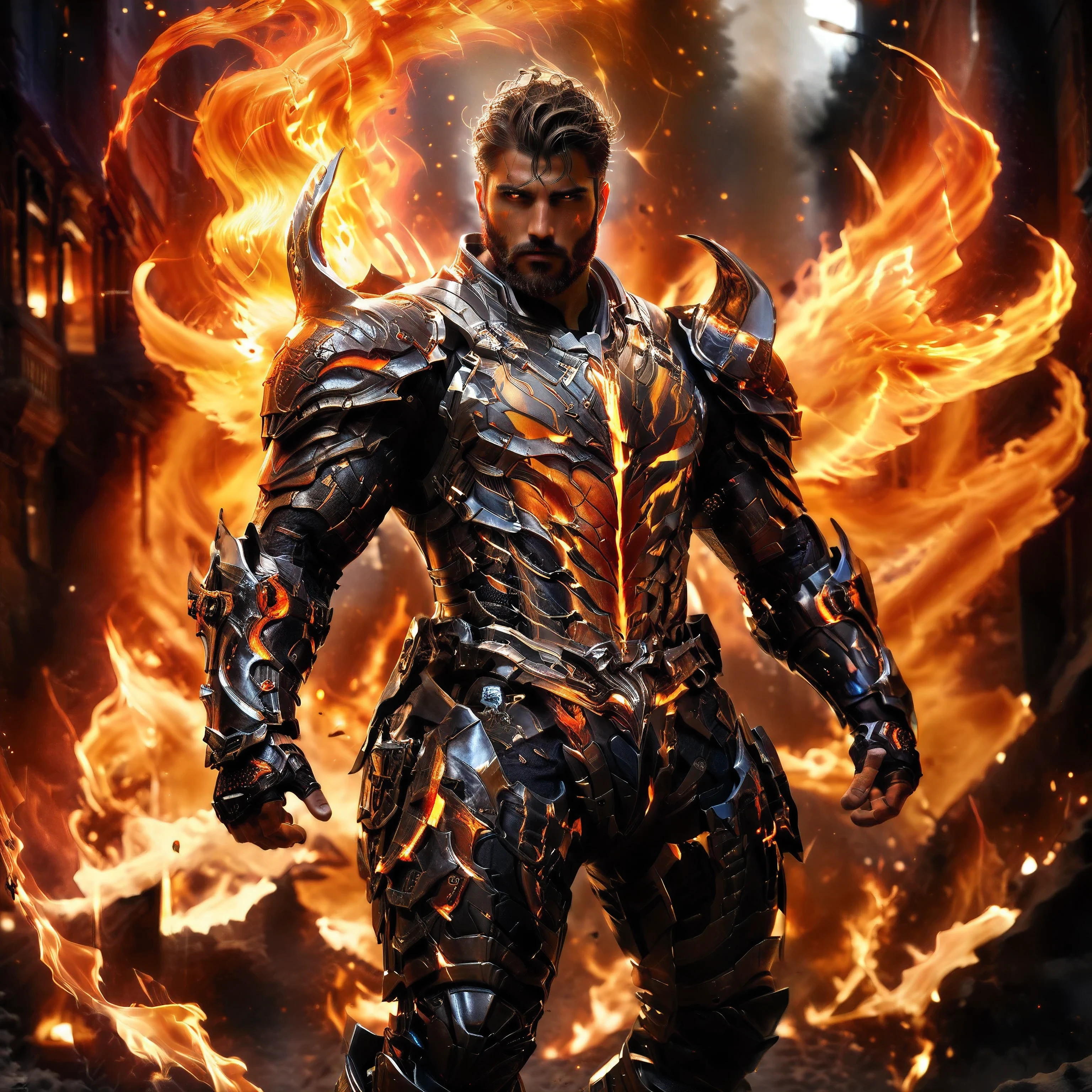 (One single handsome Spanish man, with a short beard ), emb3r4rmor, wearing embers exosuit, burning, glowing, dynamic pose, fighting stance, (fantasy city background), realistic, masterpiece, intricate details, detailed background, depth of field, photo of a handsome man,