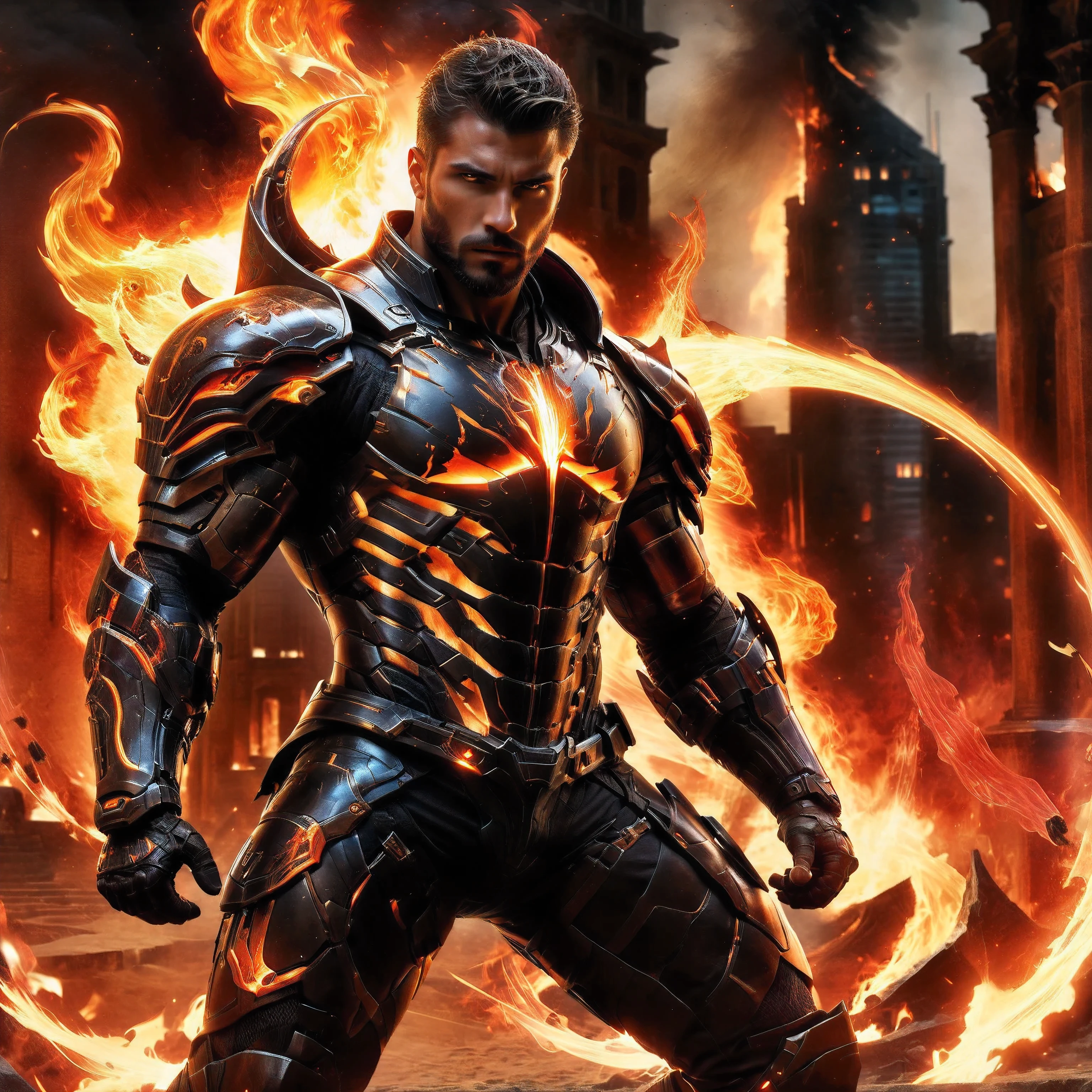 (One single handsome muscled Spanish man, with a short beard ),unzipped open emb3r4rmor to showing his abs and muscles , wearing embers exosuit, burning, glowing, dynamic pose, fighting stance, (fantasy city background), realistic, masterpiece, intricate details, detailed background, depth of field, photo of a handsome man,