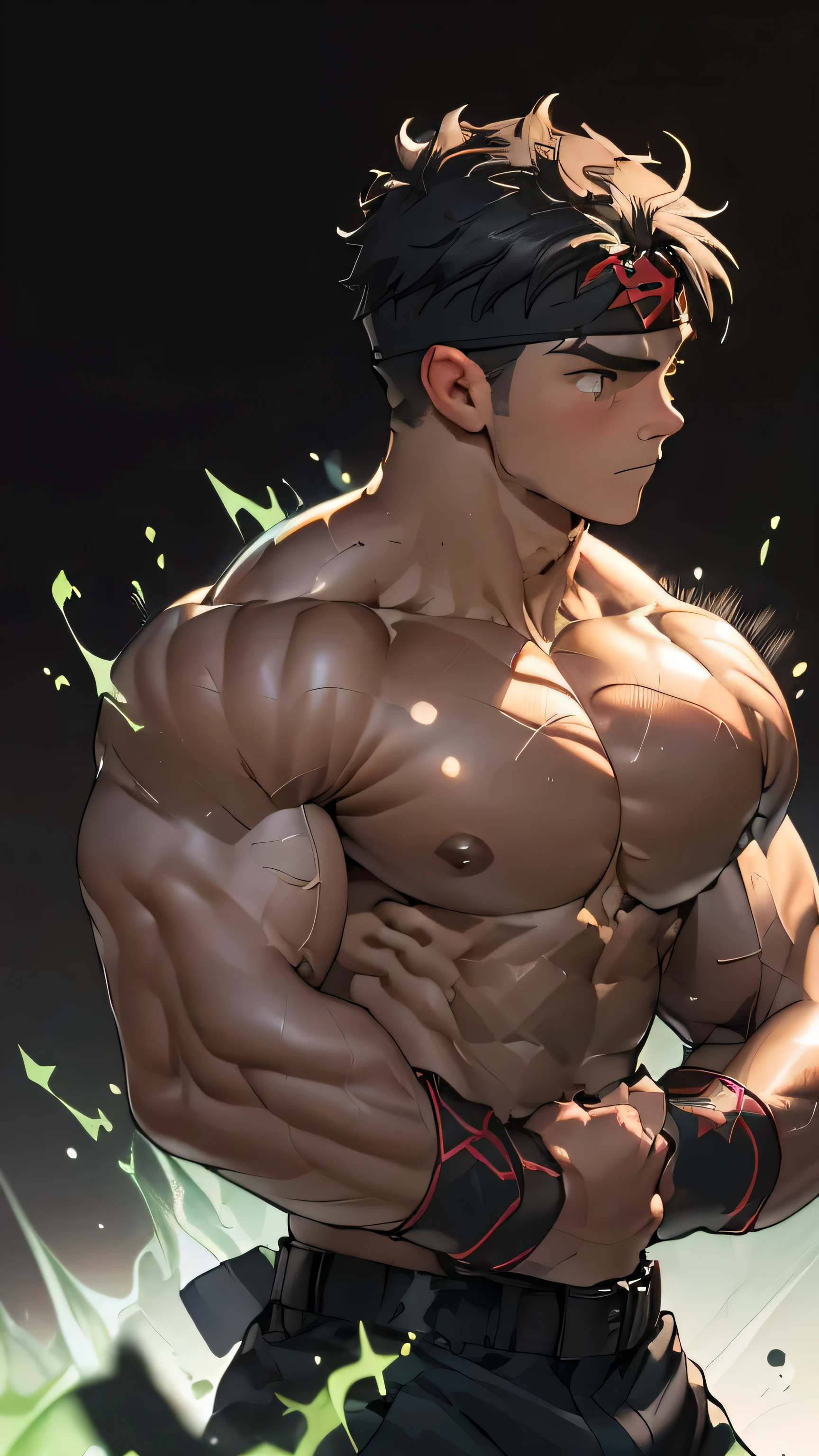((masterpiece, best quality, stalwart, (Depth of field:1.2))), (((((black background, deep night, upper body, side shot))))), (worm green eyes, Young boy, muscler, Shirtless, topless), ((((1boy, solo1.2, flesh, tough, reliable, developed body)))), (Dark Short straight hair, green eyes, ((almost completely shaved hair)), under cut), (((red headband, black wristband, black trouser, belt, boots, gladiator style, fighting stance))), Vivid colors, ((big breast, big abs, big shoulder, muscular body, sturdy body, defined round and fleshy pecs, defined round and fleshy ABS, defined round and fleshy armsmuscular, well-defined muscles, toned body, shouldermuscler)), muscler!, muscler body, detailed face, detailed muscle, (((rippling muscles, Flowing energy, wearing wind to emphasize the power of his aura. Highlight his aura, wearing energy stream, charge aura energy his right arm, ((rushpunch:1.2, motion blur)))))