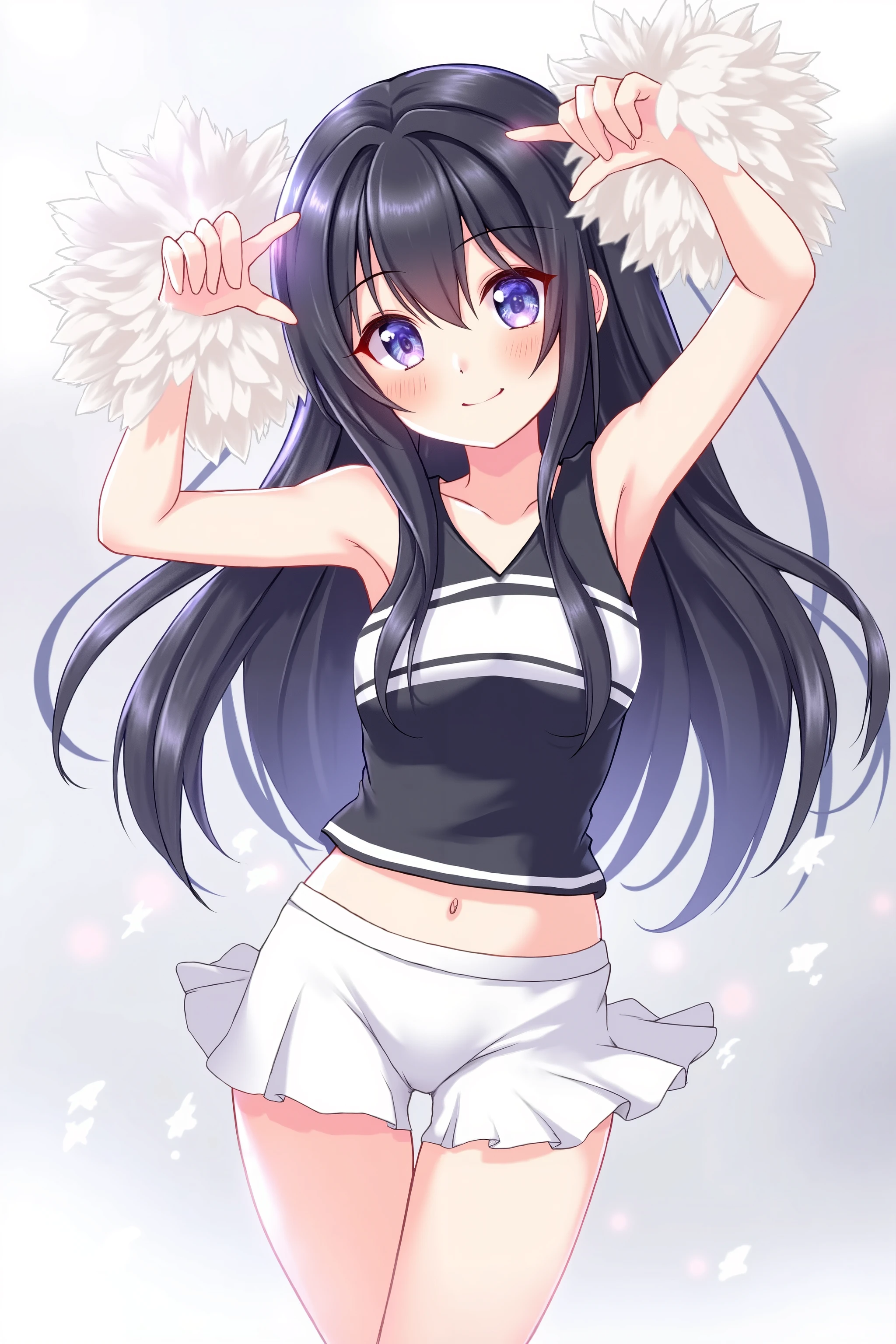 cheerleader,little smile,cheer leading,cheerleader uniform, (((masterpiece))), (((best quality))), ((ultra-detailed)), (illustration), ((an extremely delicate and beautiful)),(bokeh,blurry background),(best shadow), 1girl,white panties, black hair, long hair, kawaii,cute,, shine Highlight Spot on eyes, character focus,head tilt,