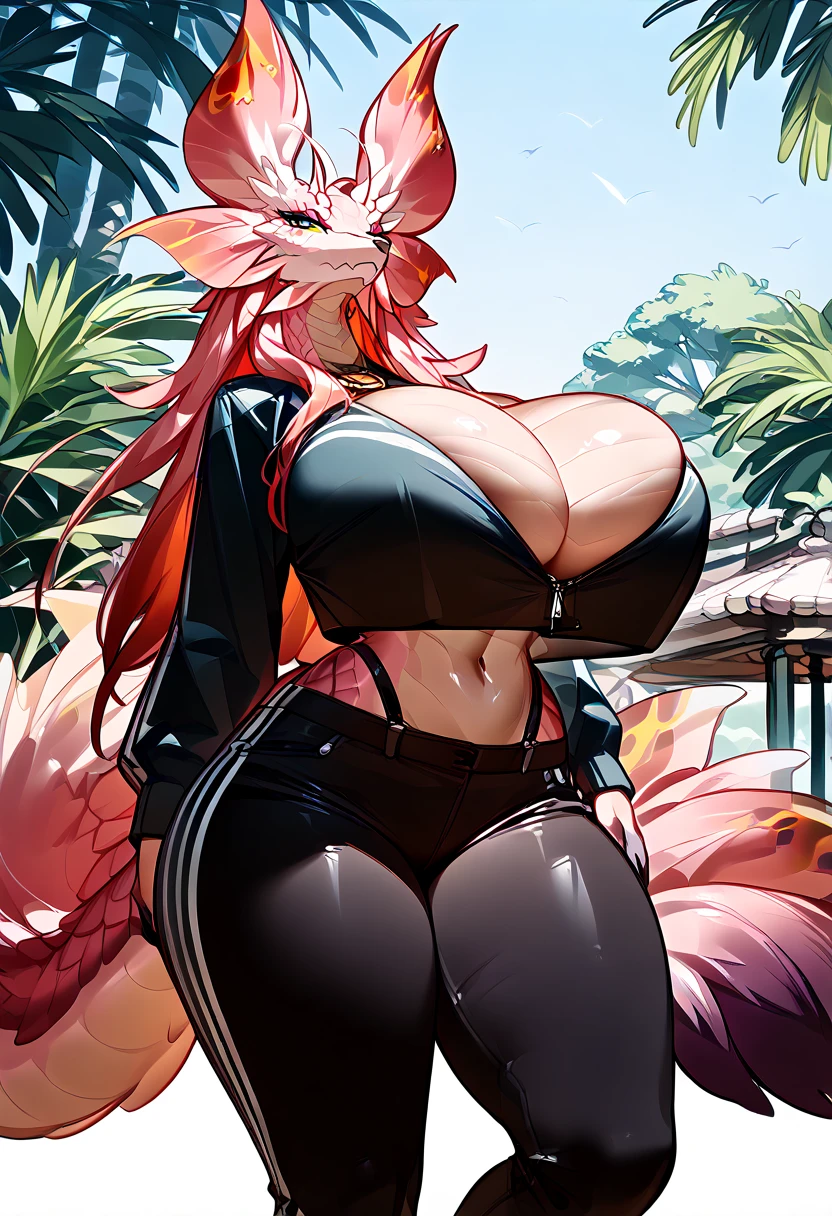 POV: ((((fox girl, fox ears, Super huge enormously gigantic breasts, cleavage and underboob showing)))) neon pink hair, micro bikini and mini thong, skinny, slim thick, small waist, 8k, UHD, (accentuated super huge enormously gigantic breasts, squatting spreading her legs open, arching her back in a sexy seductive slutty horny pose), luxurious poolside background