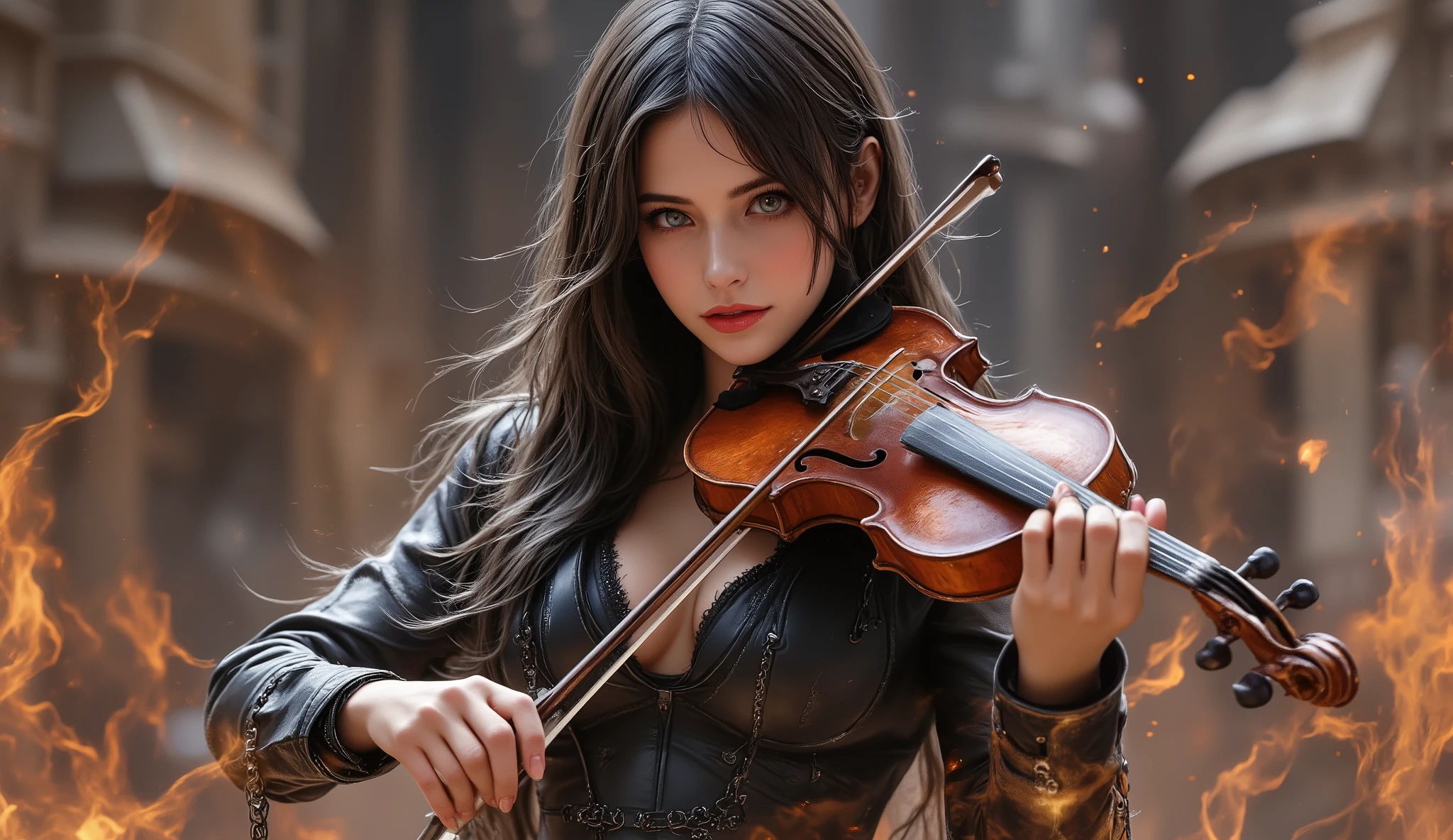 High quality, remote image (2:95), high resolution, masterpieces, real photos of the best live performances. metal, biker chick with chains and spikes, ferocious look, strong female rock, black leather, wearing black leather jacket and ripped jeans, dark eyeliner and black lipstick, metal music, fierce woman, epic playing violinist rock flames on stage, A female who performs a concert violin, long shoot.