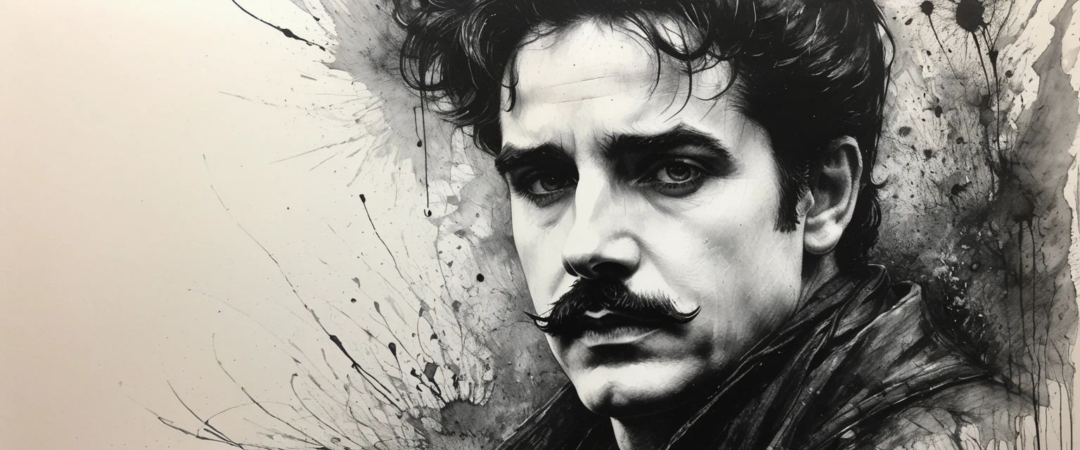 Charcoal drawing, crayon, black pencil drawing, pencil drawing, black and white drawing, graphite drawing, portrait, close-up, full body, Um grande painel na rua, multicolorido, de Carlitos( Chaplin) triste. portrait of Lord Byron watercolor wet- on-wet technique and splatter center perfect composition abstraction surrealism Charcoal drawing painting in the style of artists such as Russ Mills Sakimichan Vlop Leush Artgerm, Darek Zabrocki and Jean-Baptiste Monge,