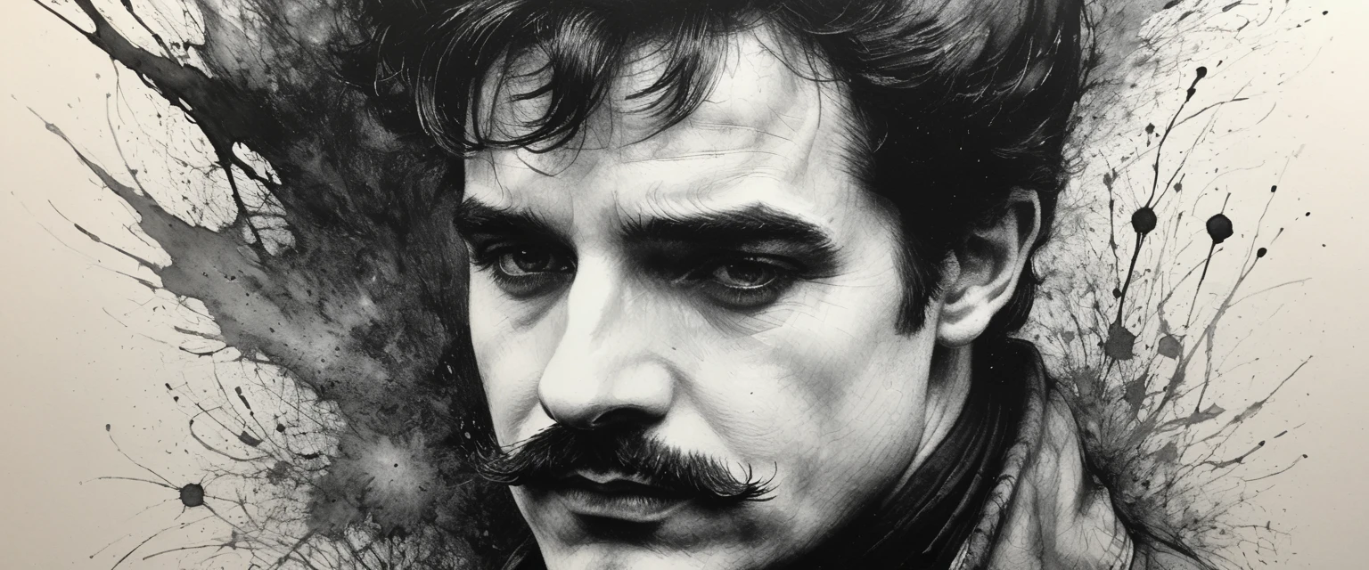 Charcoal drawing, crayon, black pencil drawing, pencil drawing, black and white drawing, graphite drawing, portrait, close-up, full body, Um grande painel na rua, multicolorido, de Carlitos( Chaplin) triste. portrait of Lord Byron watercolor wet- on-wet technique and splatter center perfect composition abstraction surrealism Charcoal drawing painting in the style of artists such as Russ Mills Sakimichan Vlop Leush Artgerm, Darek Zabrocki and Jean-Baptiste Monge,