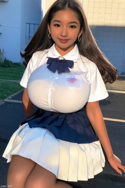 Super huge breasts, Gyaru, ditail lips, pink lips, long hair, cleavage of breasts, smile, beautiful asian girl, short skirt, gal, shining skin, brown hair, dark skin, tanned skin, brown skin, gigantic breasts, JK , hi-school girl, school student uniform, muscular, muscular legs, long legs, shining legs, chest bulge