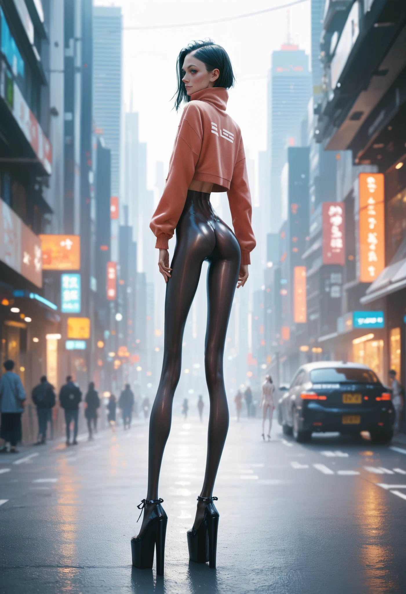 rear view . Skinny Skinny Goddess. anorexia. Thin ultra very thin legs, unrealistically long legs in tights heel platform. skinny ass . city cyberpunk