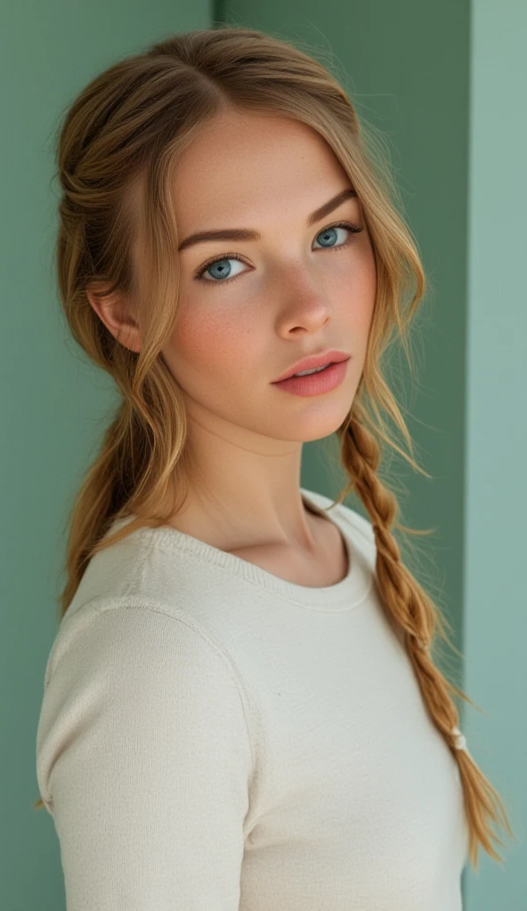 woman, smile, medium neck dress, warm light, shadows, Photograph of a 25 year old woman, (ambivalent facial expression), face looking at camera, full face, portrait, faces are visible more, and the eyes look straight, broun textured leather cloth, goosebumps, ash blonde mermaid with braid, Perfect eyes, realistic skin texture, too much sweat, (ektachrome), Velvia 100 color, shot with Leica T, hips, sharp focus on the subject, shot by Peter Lindbergh, bright, fair, realistic look, tika on forehead, nose jewelry, African lips, red lipstick, pink slip, big breast, leather bra, leather short, 