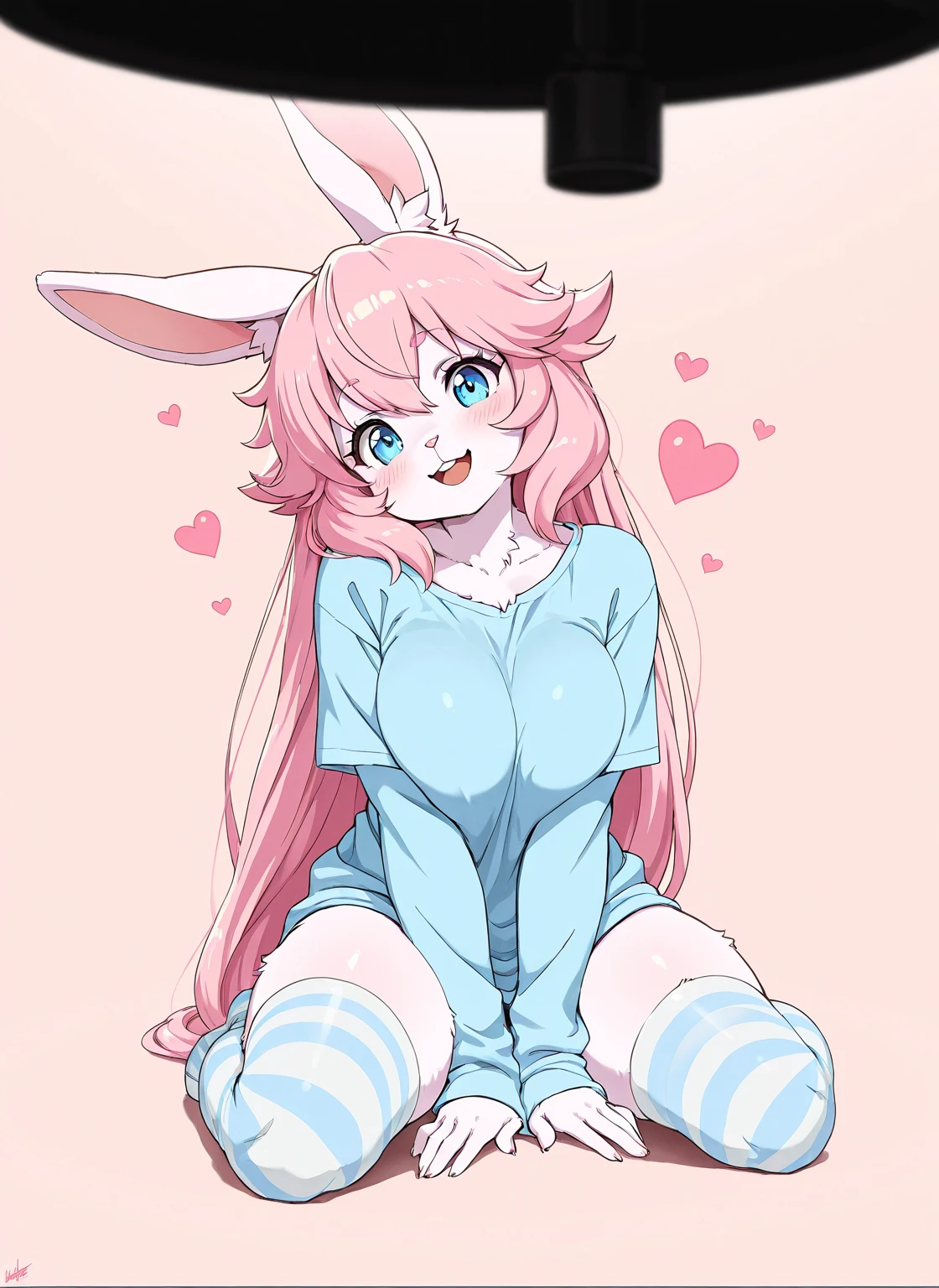 Pink rabbit with spider legs on her back body similar to that of a girl on her head she has two large pink rabbit ears and her nose is similar to that of a rabbit and she wears a fuzzy pink outfit she has big breasts and a pink outfit that covers her clothing