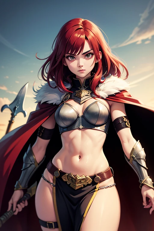 Red Sonya, (wavy red hair), muscular, (chainmail bikini), turned-down leather boots, gauntlets, sword, scabbard, smiling, fun, relaxing on a deserted rocky beach, dramatic lighting, (depth of field), ((masterpiece)), ((best quality)), ((highly detailed))