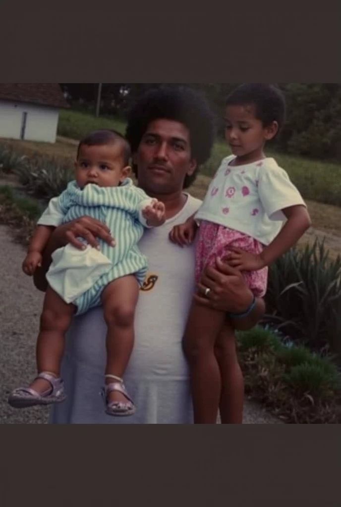 "((8k)|(high quality)), color photograph, portrait of two children, with man wearing yellow shirt, born in the Brazilian northeast, without facial editing."