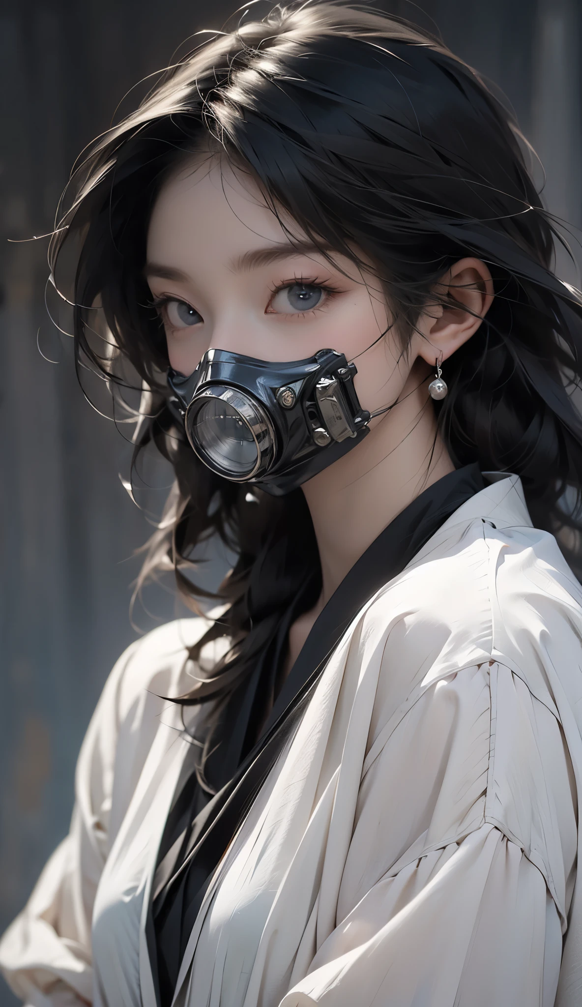 realism , garota com Tech futuristic gas mask, light blue eyes,  hyper detailed ,  perfection in the details 