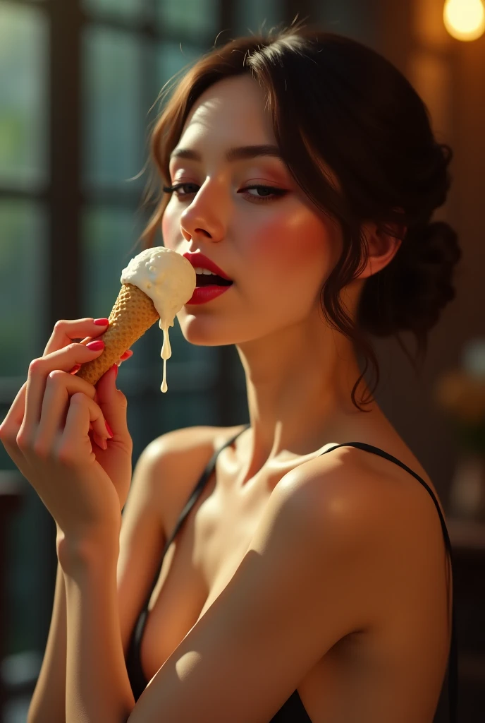 Create an image of a woman sucking on an ice cream