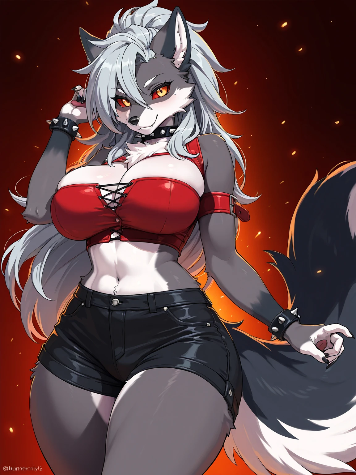 werewolf, with big ears, gray hair, yellow eyes, long shapely legs, huge breasts, hair around her neck, fangs, metal armor with bra and mini skirt, red pantyhose, combat boots, 8k, hd, masterpiece, full body