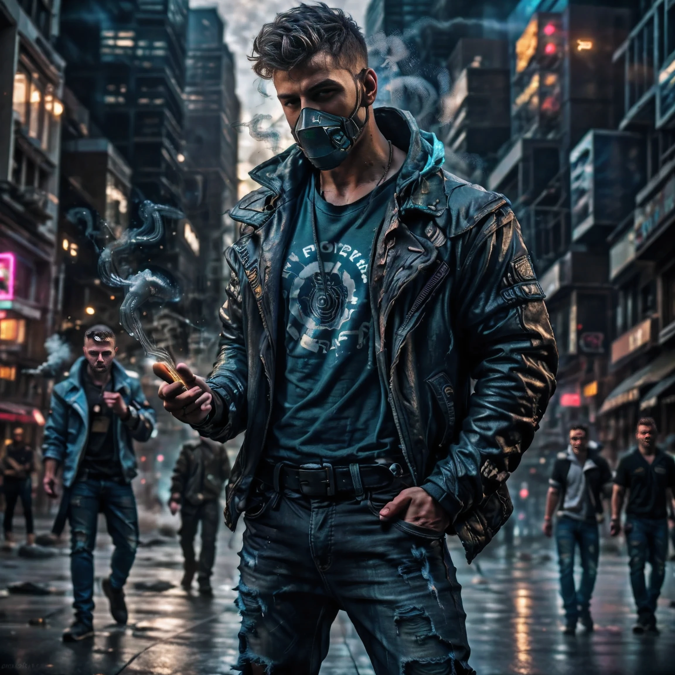 realistic, ((masterpiece)), ((best quality)), (detailed), cinematic, dynamic lighting, soft shadow, detailed background, professional photography, depth of field, intricate, detailed face, subsurface scattering, realistic hair, realistic eyes, muscular, manly, photo of a handsome man, blue-smoke, (swirling smoke everywhere), dynamic pose, fighting stance, punk jacket, torn clothes, t-shirt, ripped jeans, gas mask, messy hair, outdoors, urban, city, street, post-apocalypse,