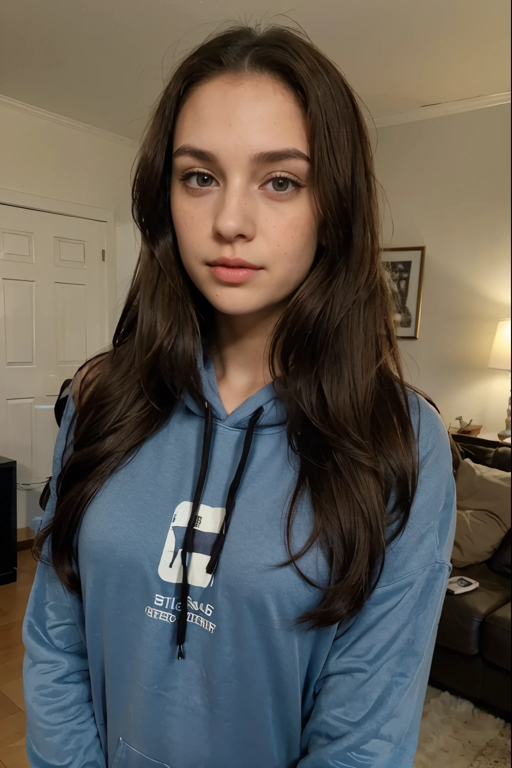 photo of belledel, no makeup, bedroom, detailed eyes, braces, (comfy hoodie, black gym shorts, loose curly hair), (lightbrown hair), siting on bed, masterpiece, dolphin shorts