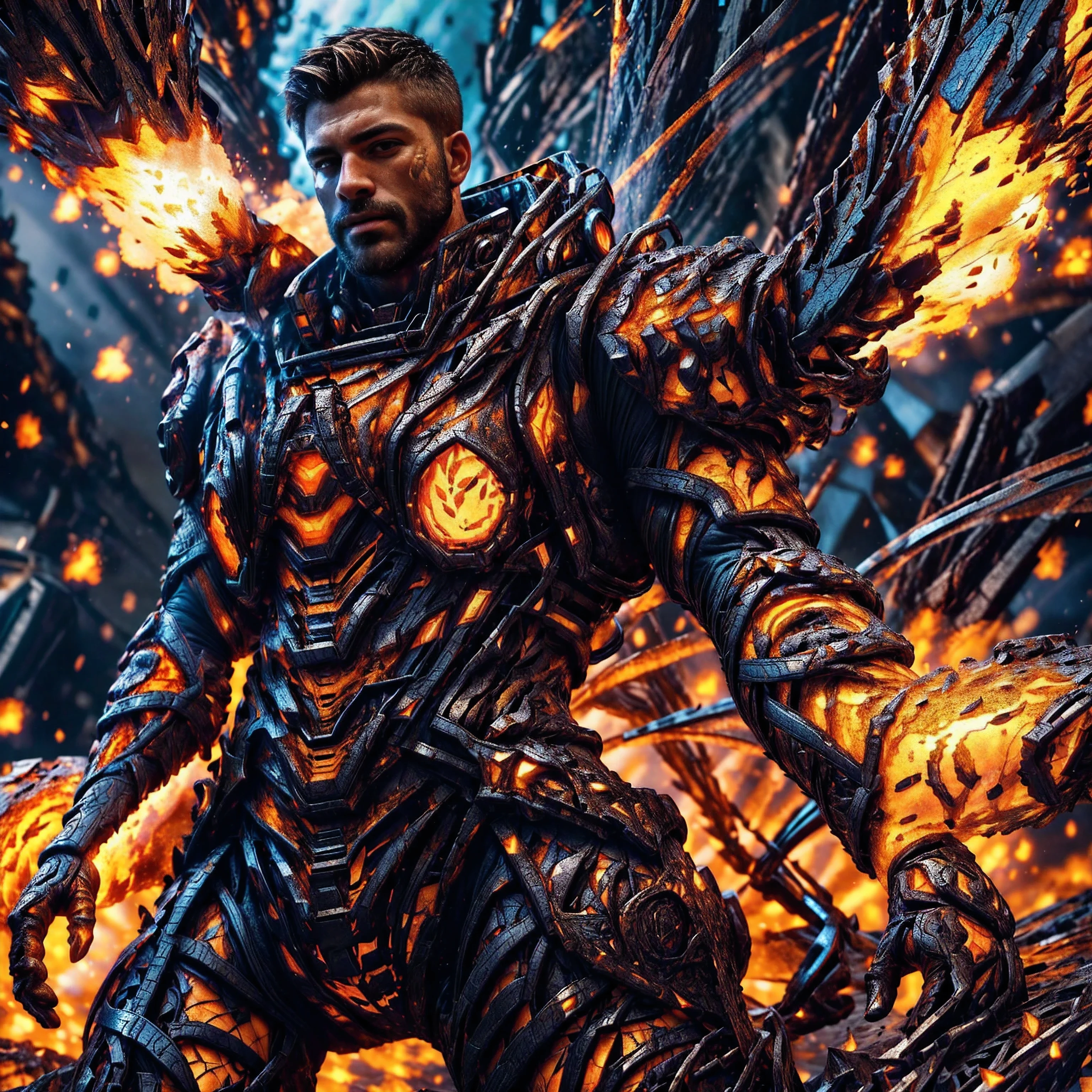 (One single handsome Spanish man, with a short beard ), emb3r4rmor, wearing embers exosuit, burning, glowing, dynamic pose, fighting stance, (fantasy city background), realistic, masterpiece, intricate details, detailed background, depth of field, photo of a handsome man,