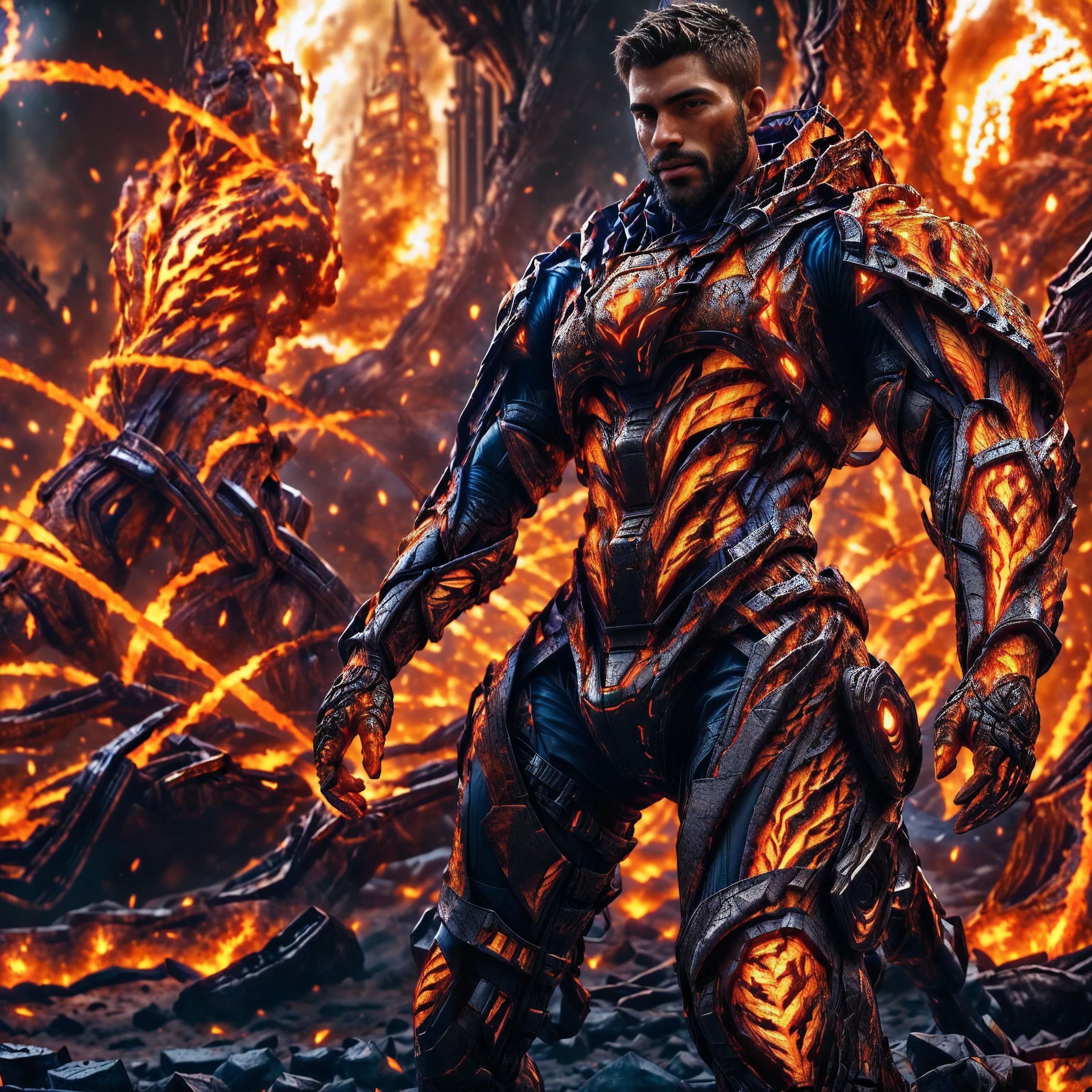 (One single handsome Spanish man, with a short beard ), emb3r4rmor, wearing ember exosuit, burning, glowing, dynamic pose, fighting stance, (fantasy city background), realistic, masterpiece, intricate details, detailed background, depth of field, photo of a handsome man,