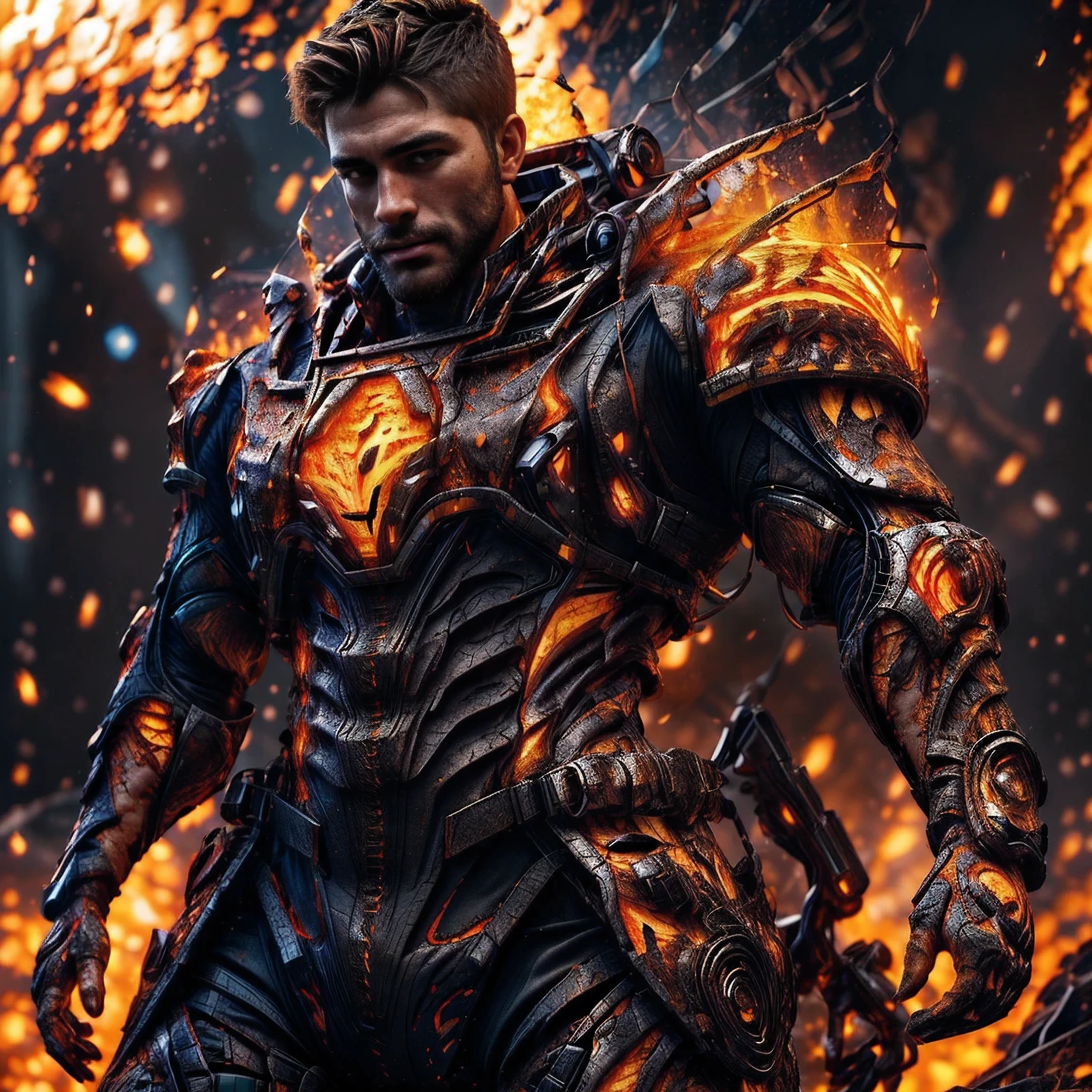 (One single handsome Spanish man, with a short beard ), emb3r4rmor, wearing embers exosuit, burning, glowing, dynamic pose, fighting stance, (fantasy city background), realistic, masterpiece, intricate details, detailed background, depth of field, photo of a handsome man,