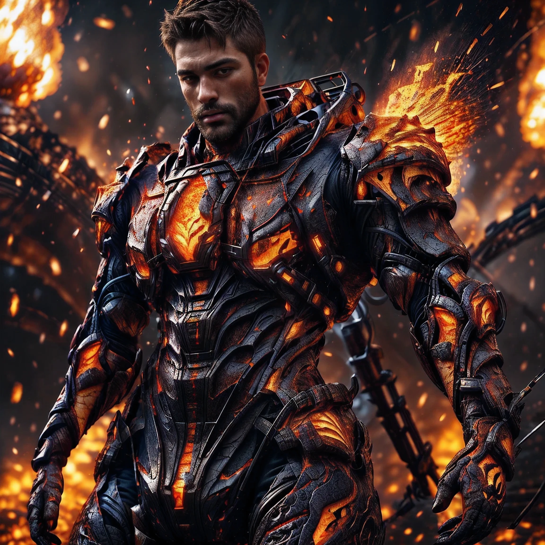 (One single handsome Spanish man, with a short beard ), emb3r4rmor, wearing embers exosuit, burning, glowing, dynamic pose, fighting stance, (fantasy city background), realistic, masterpiece, intricate details, detailed background, depth of field, photo of a handsome man,