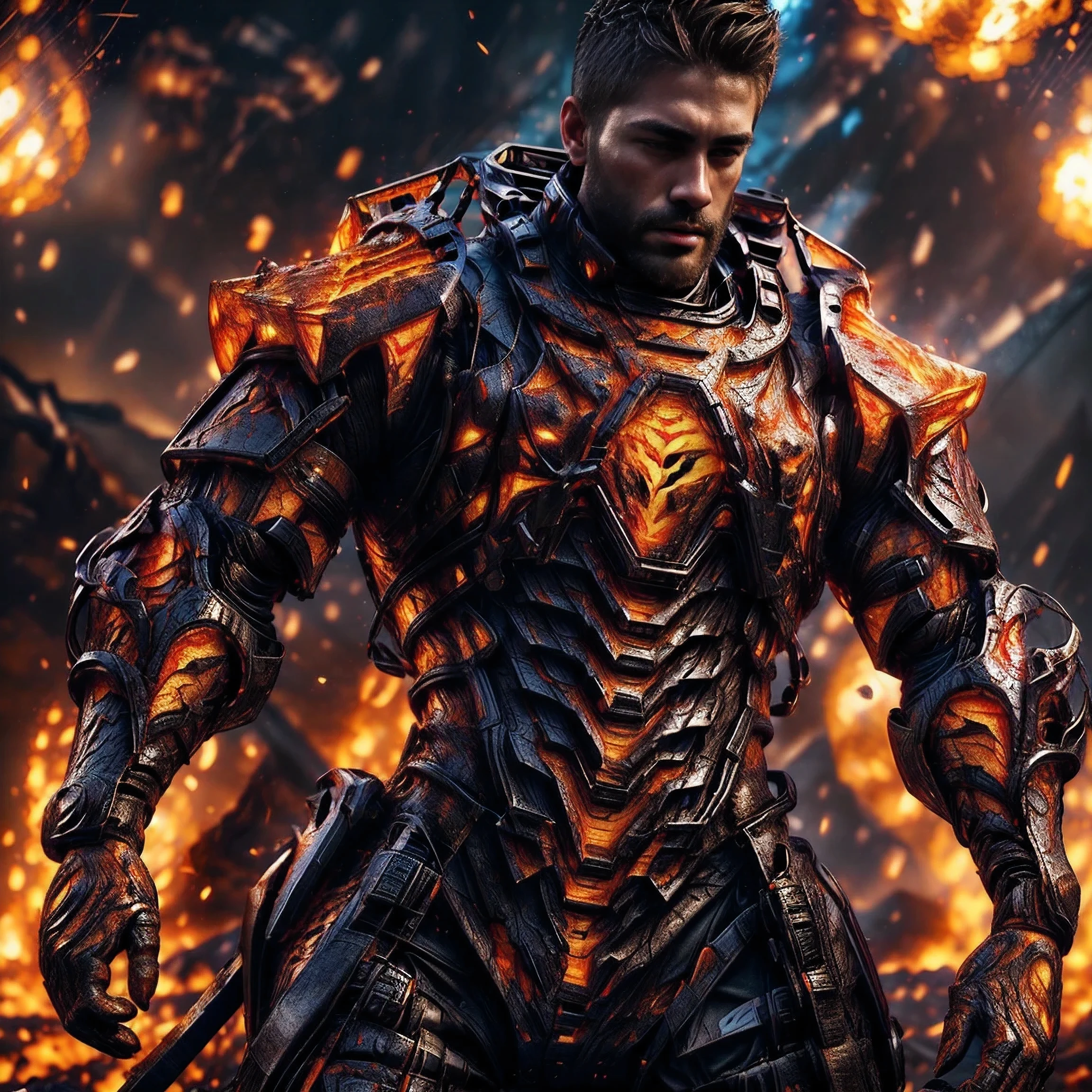 (One single handsome Spanish man, with a short beard ), emb3r4rmor, wearing embers exosuit, burning, glowing, dynamic pose, fighting stance, (fantasy city background), realistic, masterpiece, intricate details, detailed background, depth of field, photo of a handsome man,