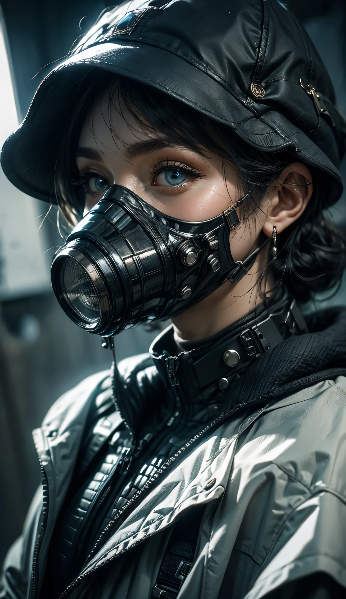  realism , garota com Tech futuristic gas mask, light blue eyes,  hyper detailed ,  perfection in the details 