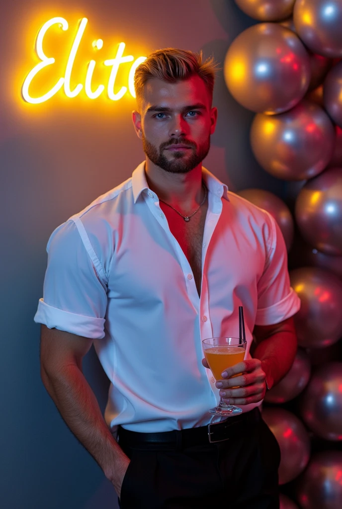 "The blonde man with an all-American look stands confidently in the center of a vibrant nightclub, holding a tropical drink in his hand. He has short, sleek blonde hair and an unmistakable American facial appearance, embodying the charisma of a Hollywood star. He is dressed in vividly colored, floral-patterned shorts, a crisp white shirt, a stylish bracelet on his wrist, and pristine white sneakers. Red gamer sunglasses with a sleek, modern design rest on his face, adding an edgy, futuristic vibe. The camera captures a close-up angle, focusing on his well-defined face, which is illuminated by the swirling, multicolored lights of the dance floor. In the background, neon lights and lasers create a dynamic, electrifying atmosphere as people dance to the pulsing beat of the music. The scene is captured with a high-resolution DSLR and a 50mm f/1.2 lens, emphasizing the sharp details of the man's striking features and the vibrant energy of the nightclub."