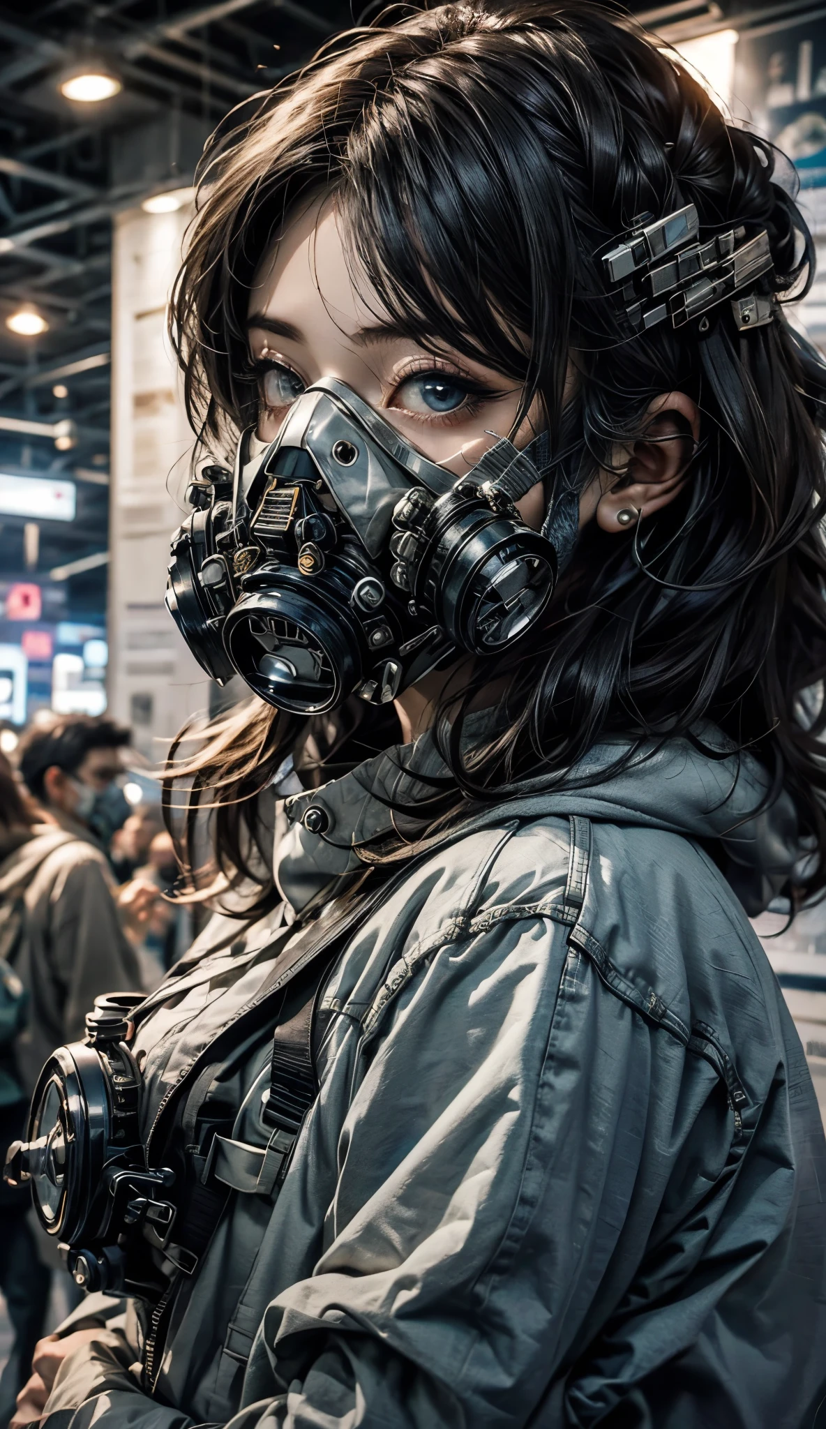 realism , girl, (((( with Tech Futuristic Gas Mask complete)))), light blue eyes, hyper detailed , perfection in the details , full body, Chaotic , Postwar , post-apocalyptic scenario , Zombies,