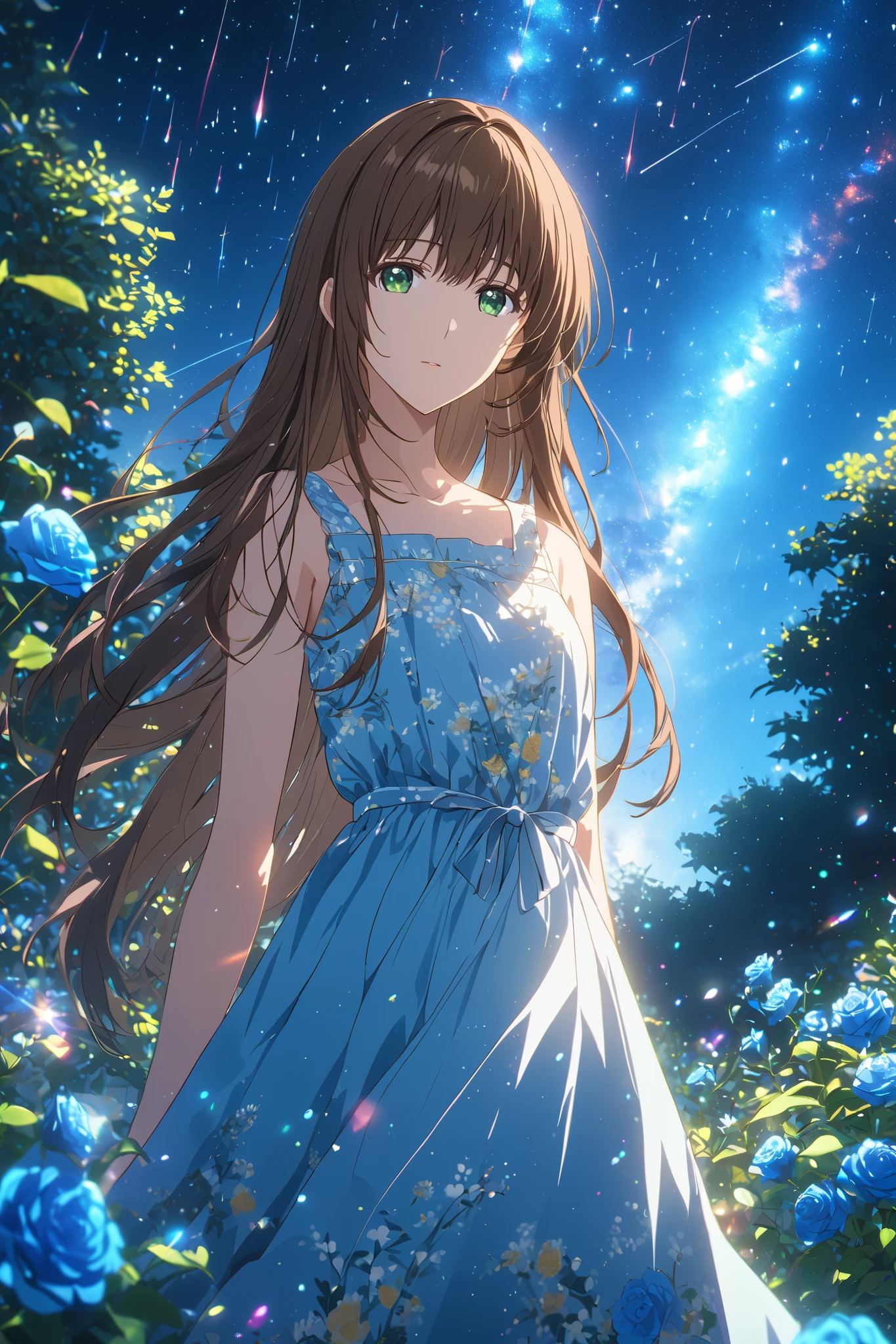 (Masterpiece:1.2), Ultra High Quality, 8k, Highest quality, Ultra-high resolution, Maximum resolution, Very detailed, Dynamic Lighting, Highly detailed eye, Highly detailed face, (looking at viewer), (front view), break, 1girl, solo, Hina Tachibana, long hair, brown hair, green eyes, Summer Dress, long dress, sleeveless, collarbone, shoulders, (pleasure:1.1), break, background garden, night, (shooting stars:1.1), Space galaxy background, (Great composition, Epic scale), Dynamic Lighting, Bright colors, Blue roses, drop shadow, anaglyph, stereogram, tachi-e, anime style, chromatic aberration, cinematic lighting, reflection light, 8K, super detail, best quality, uhd, high details, textured skin