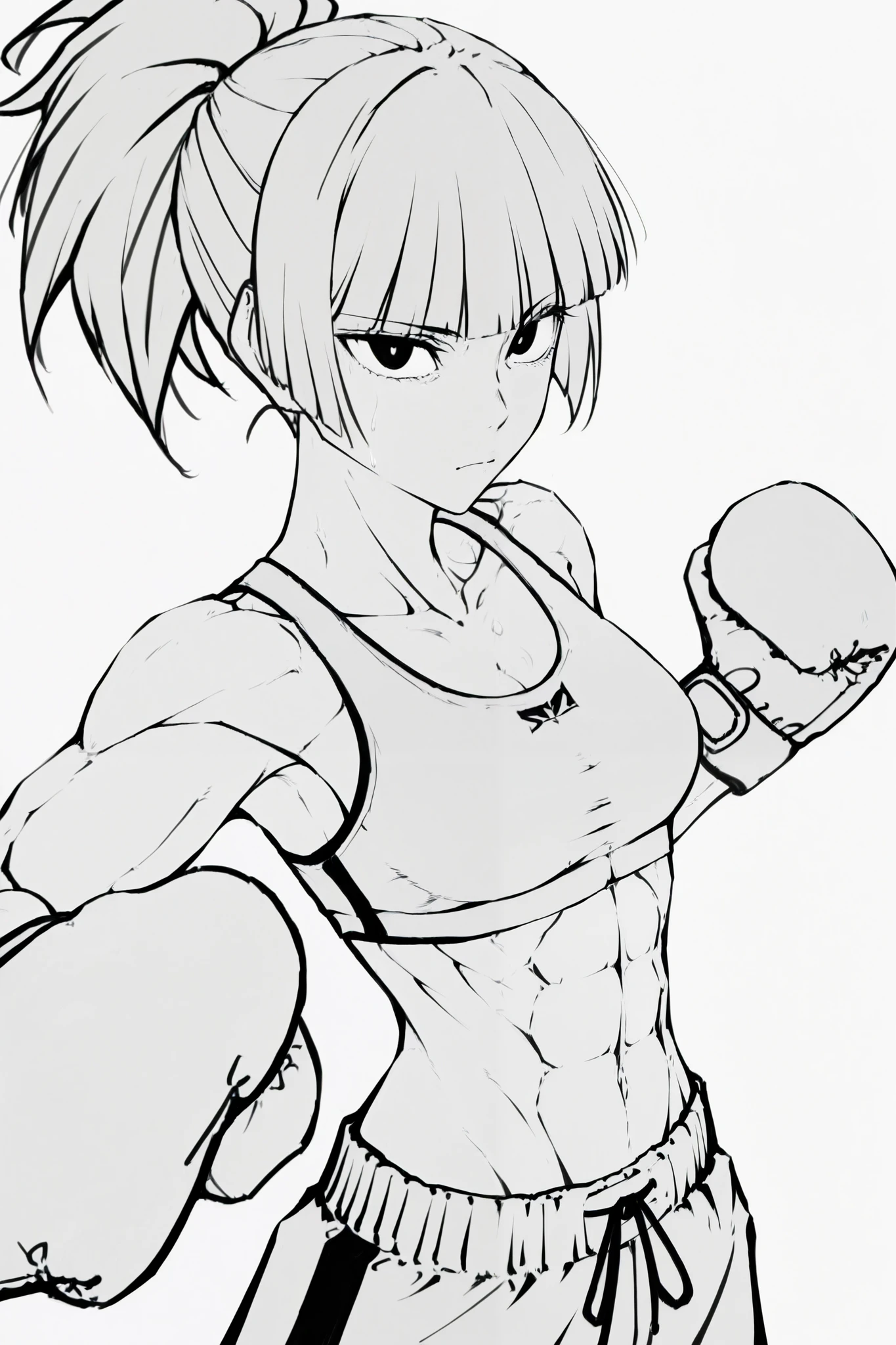 score_9, score_8_up, score_7_up, score_6_up, score_5_up, score_4_up,
BREAK
(masterpiece: 1.0), best quality, perfect anatomy, perfect composition, perfection, 4k resolution, absurdres, very aesthetic, professional artwork, absolutely beautiful,
BREAK
line art, lineart, monchrome, greyscale, masterpiece. kdm style
BREAK
1girl, fit, slim, athletic, light colored hair, blunt bangs, defined abs, defined muscles, black eyes, big eyes, ponytail hairstyle
BREAK
sports bra, boxing gloves, boxing shorts, foreshortening