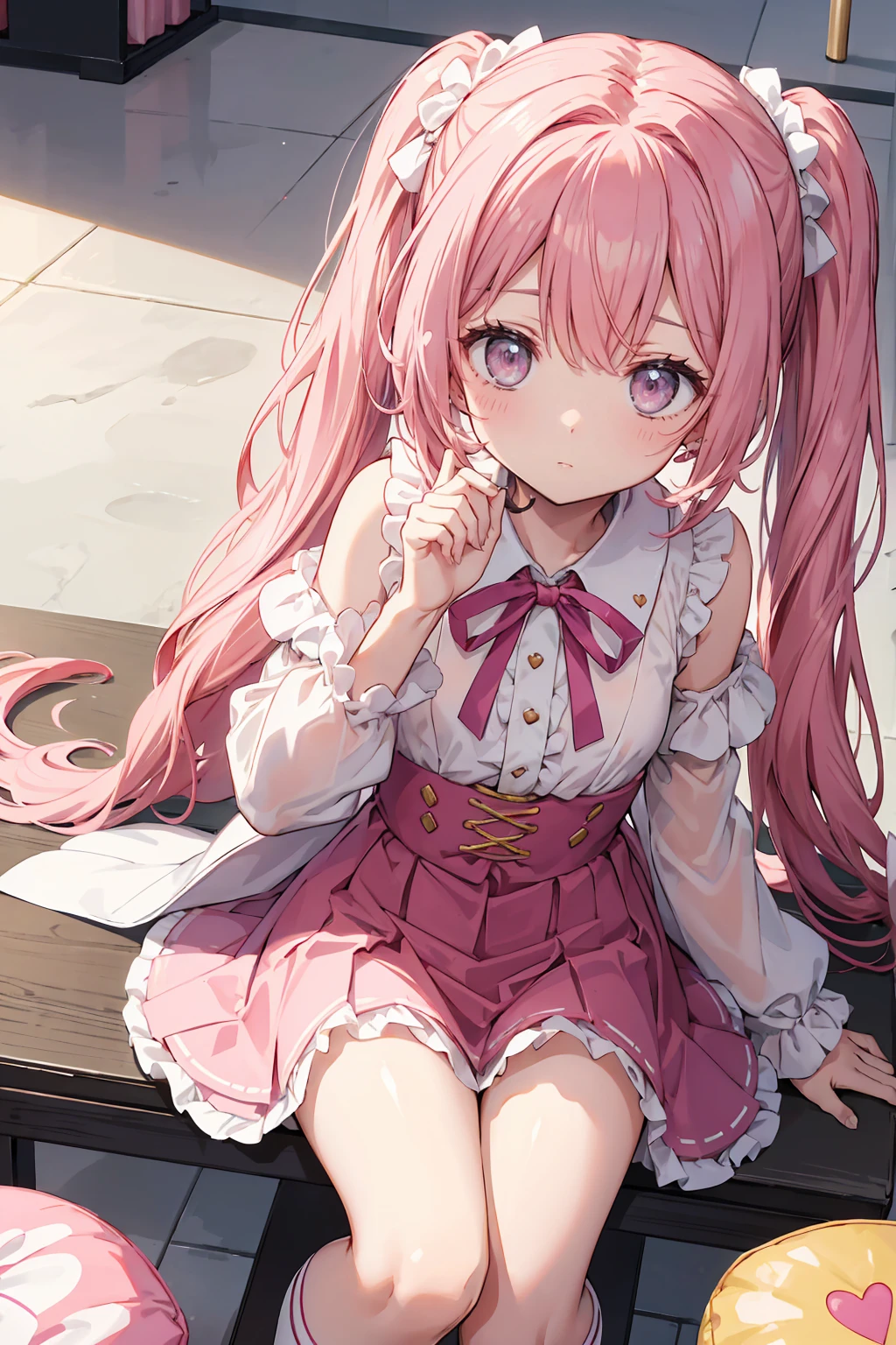 masutepiece, Highest Quality, (Perfect face:1.1), (high detailing:1.1), (ultradetailed eyes), Dramatic, superfine illustration, Extremely detailed,1girl in, teenager,(pale skin), Happy, Laugh, Enjoy,Open mouth,gloweyes,pinkhair, (long twintail),Ethereal eyes, pink eye,blush, Solo,Pouty lips,Cinematic lighting,upper body,looking up,learning forward,Lolita clothes, Pink and white,frilld, bow ribbon, Long sleeve,knee high socks, indoor,living room,night