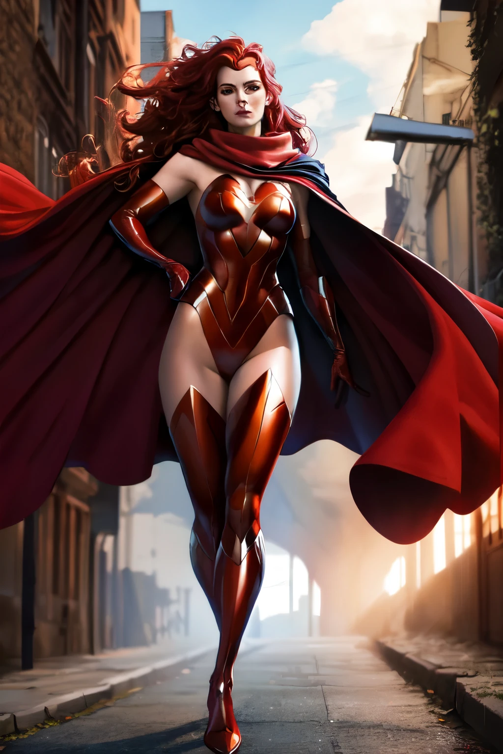 masterpiece,best quality,highres,realistic,1girl,full body,long_hair,gloves,cape,thighhighs,red_legwear,red_gloves,red_hair,elbow_gloves,superhero,