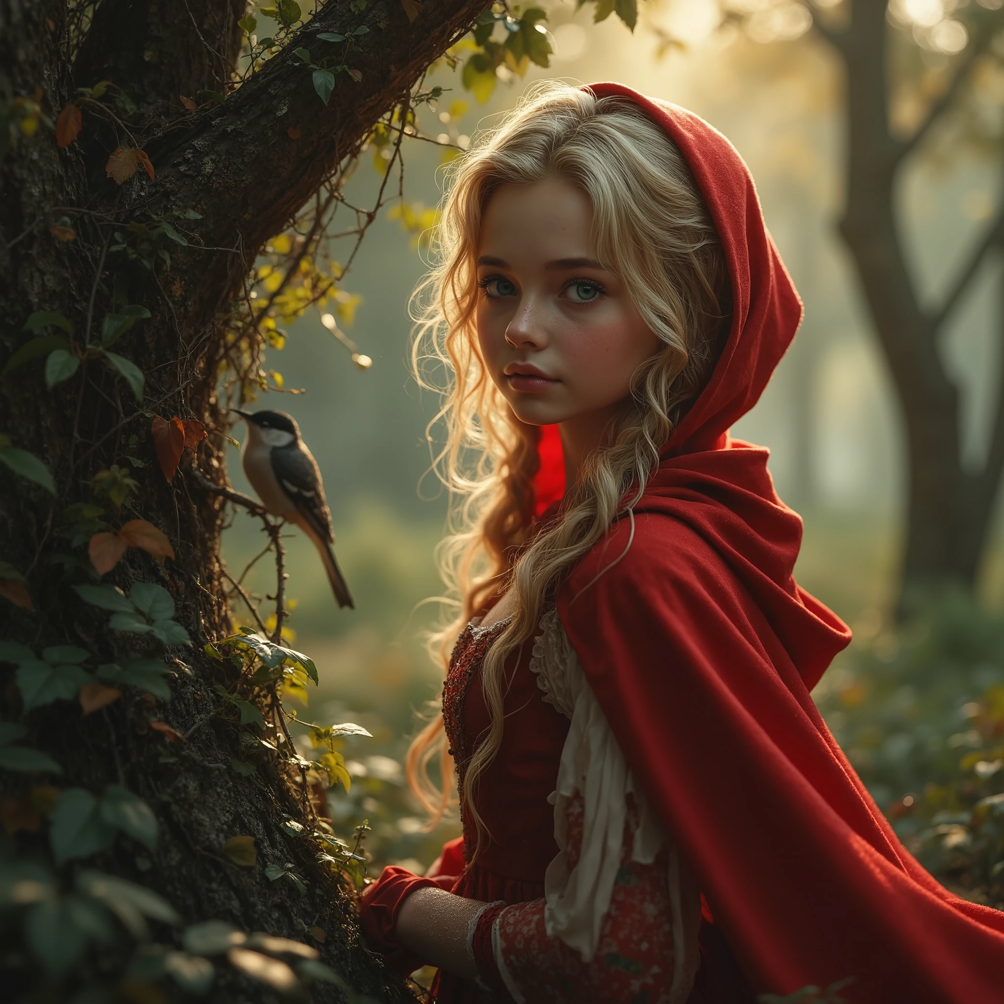 
(( RAW photo), absurdo,  Very pretty blonde ager  enough for a ren's story and mysterious about Little Red Riding Hood , her red costume shines as if she were a FAIRY ,  general plan full body ( absurd resolution)),  masterpiece,  envelopes ( Extremely detailed 8k unit CG wallpaper), ( best illustration), ( best shade),  realistic lighting ,  detailed and beautiful glitter,He is tiptoeing looking at a bird's nest branch of a tree
