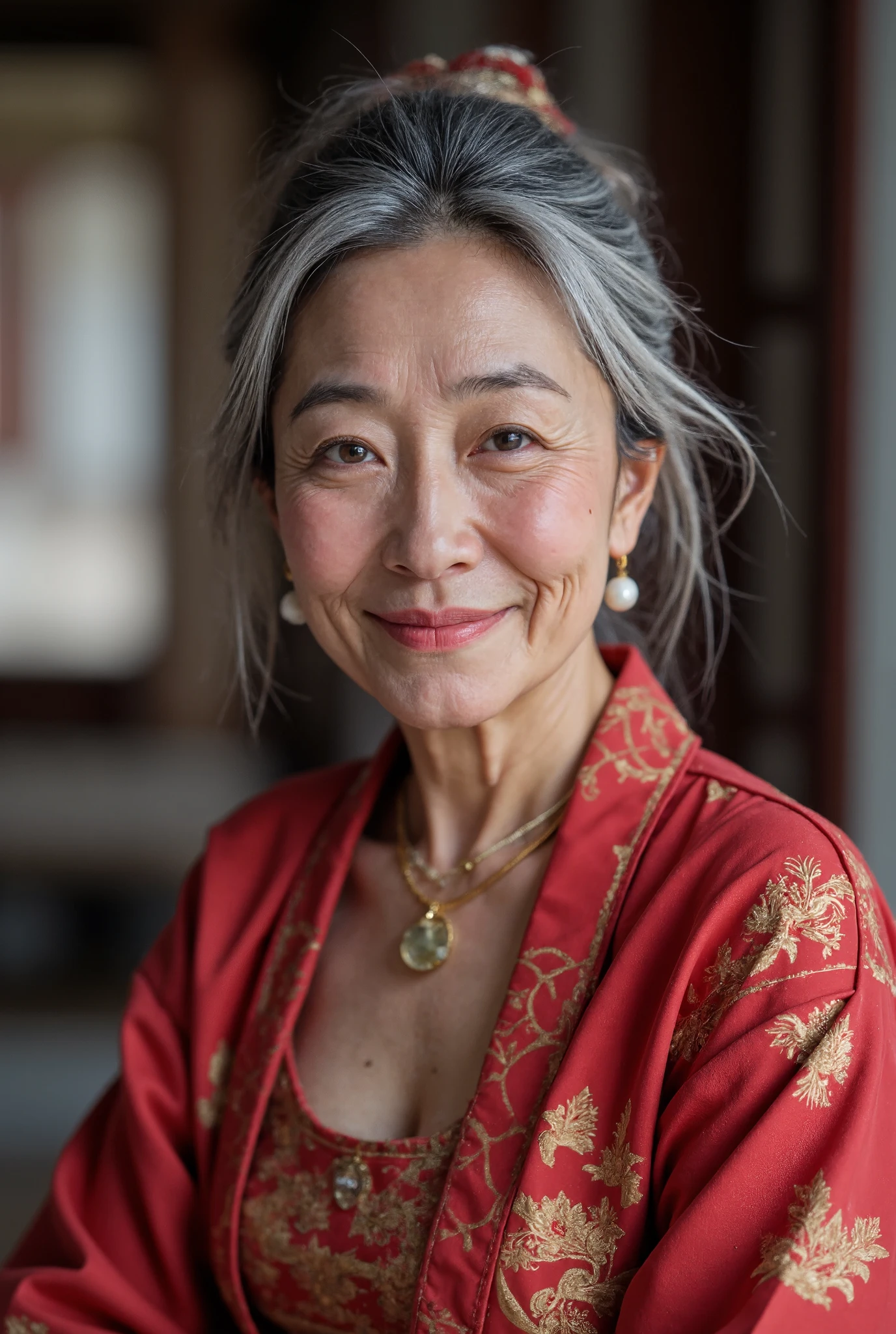 photorealistic、60 years old Japanese old woman、Pretty Woman Warrior Sailor Moon、 full body photo、 fine wrinkles, freckles, and moles on the skin 、 shy laugh 、 looking at the camera、The beautiful Royal Palace of the Moon illuminated by the dazzling sun