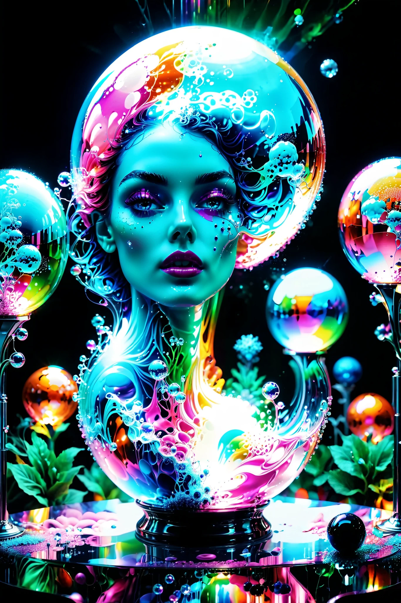 Electric lit up wires make up the body of this glass structure with perfectly formed 3d glass spheres and orbs that are filled with images of women who are incredibly attractive with hot pink neon glowing eyes that light up bright.Against a dark background with soap bubbles surrounding the glass Orbs and spheres whoch are glowing light and have a natural reflection, 4d mandelbulb psychedelic landscape,bright overexposed backlighting with depth of field,award winning masterpiece,pixel art,portrait photography,photorealistic,hyperdetailed,glass morphism,sparkle,optical illusion,rotational symmetry,best quality,8k,ultra-fine details. Within the black of the abyss, intense bright, colorful,symmetrical glass spheres with images glowing hot pink and neon green scenes of women. High fantasy, magical effects,portrait photography, cinematic photography, photorealistic UHD, intricate, complex, attention to detail, optical illusions, unique patterns and designs, avant garde, masterpiece. Light is emerging from colors in a psychedelic dream, shimmering glass morphing out of colors, tripped out vibrant colors, perfectly formed beautiful reflective bubbles, attention to detail on the bubbles and spheres, beautiful psychedelic digital art, pixel art, trippy colors, 4d mandelbulb psychedelics, glass like psychedelic landscape, intricate rainbow environment, psychedelic underwater brightness, neon colors, bright colors, psychedelic trip, fluorescent psychedelic aesthetic, psychedelic vibrant colors, bright psychedelic neon colors, paint splattered backgrounds,swirling spirals and vortex, bright vibrant colors popping out from 3d glass spheres, Pixel Assets, Portrait photography, surrealism, Photorealistic, Hyperdetailed, Glass Morphism, Digital Art, Sparkle, Optical Illusion, Glowing Light, Reflection Light, Overexposure, Backlighting, Depth Of Field, Rotational Symmetry, UHD, High Details, High Quality, Super Detailed, Best Quality, Award Winning, Masterpiece.