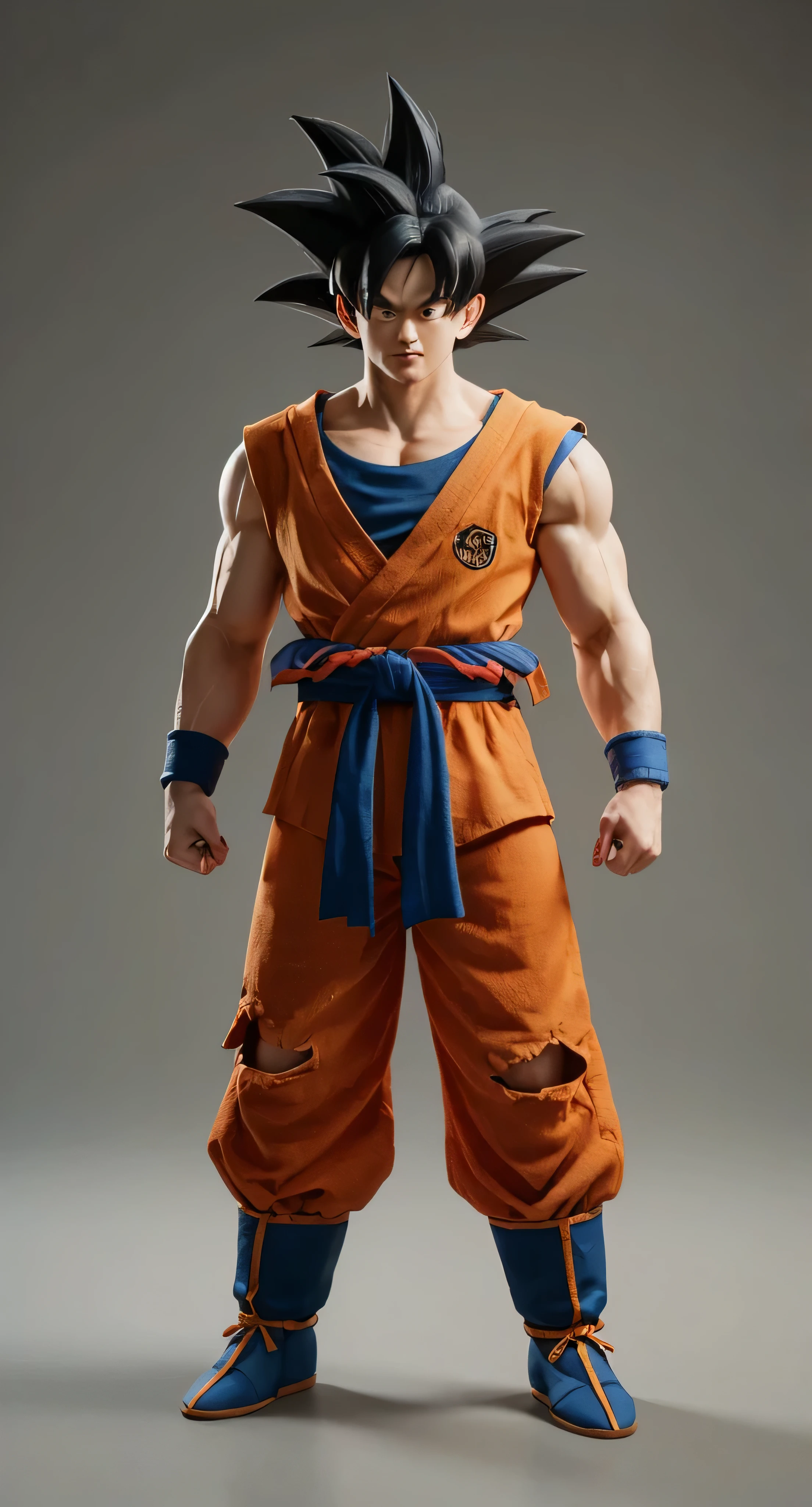 Realistic image of Goku with 4-star Dragon Ball,orange doji, with blue belt at the waist.