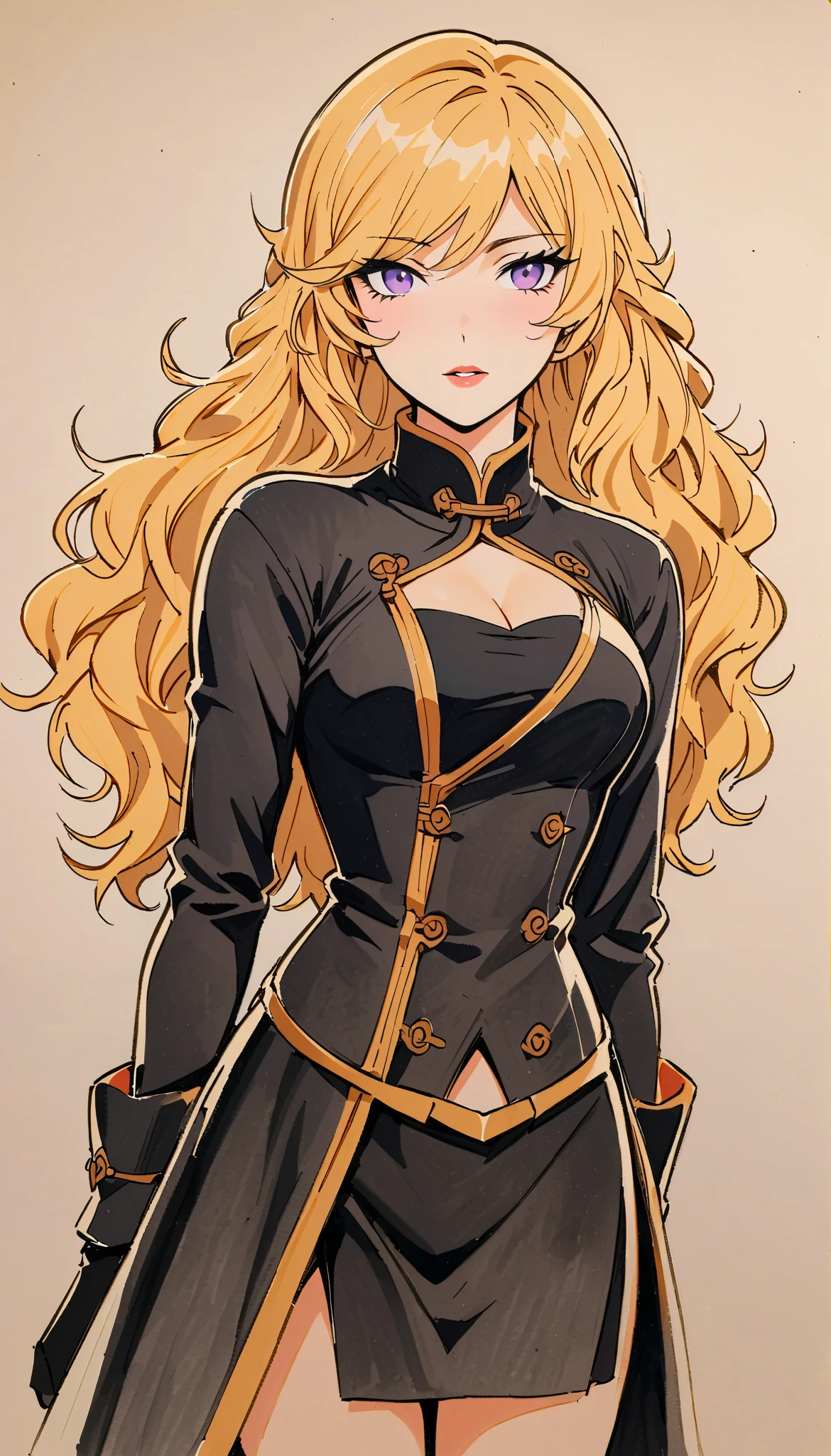 vintage movie, girl, wavy blonde hair, woman body, black top, black bodycon skirt, black boots, purple eyes, traditional media, confident. yang xiao long from rwby