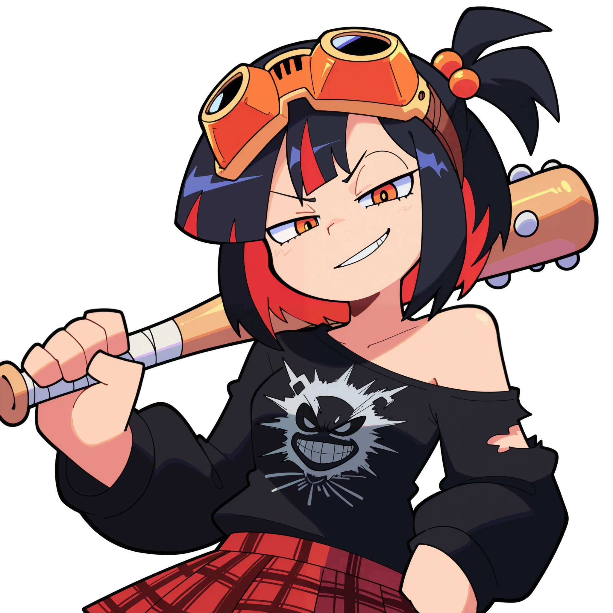 high quality, best quality, score_9, ishikawa_hideki, bacun, 1girl, short hair, one_side_up, hair bobbles, black hair, colored inner hair, red hair, smirk, orange eyes, goggles on head, long sleeve shirt, punk, ripped shirt, off shoulder,  (white background, simple background:1.3), orange outline, baseball bat, looking at viewer, streaked hair, my hero academia, plaid skirt, red skirt, black shirt,